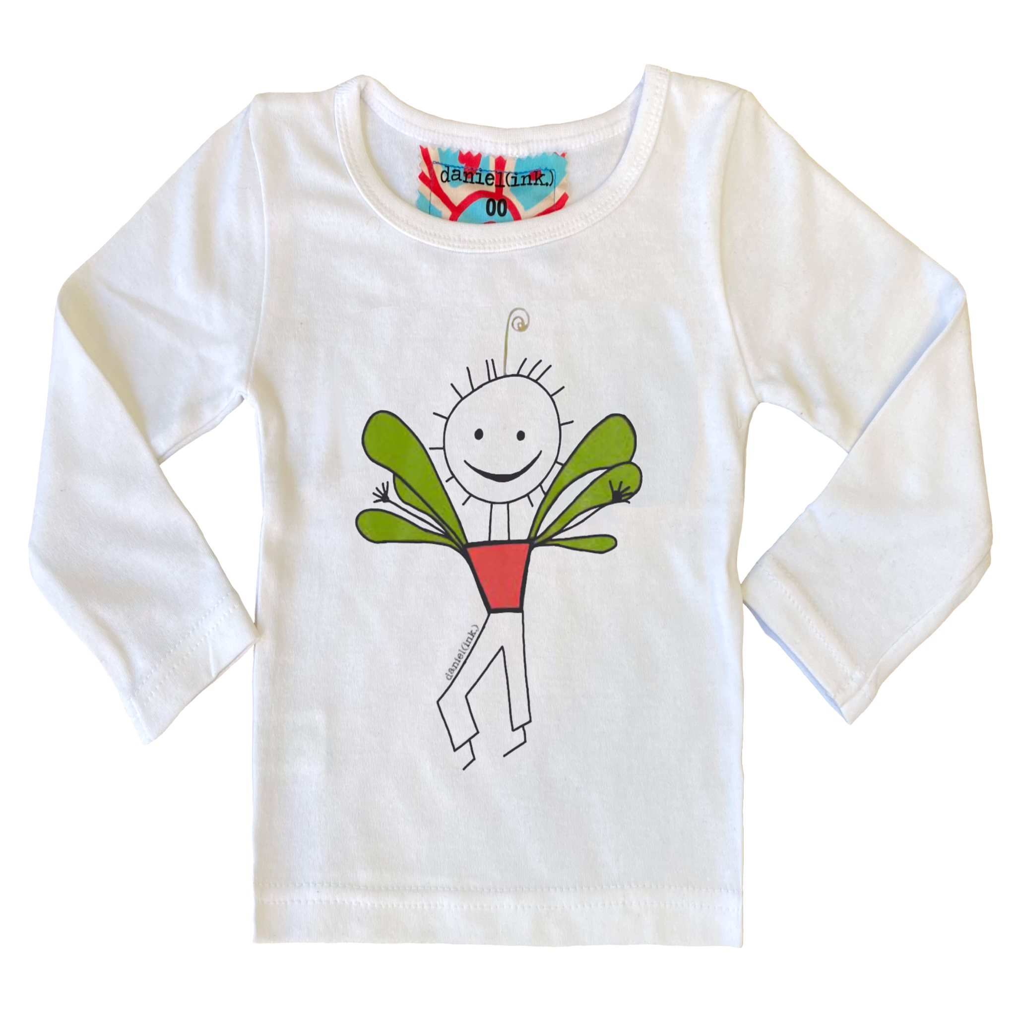 White, long sleeve babies' shirt featuring an image of a happy humanoid pot plant. The plant person is smiling and has a red plant pot-shaped torso with long legs and green leaves sprouting from the torso. This t-shirt has a red, white, and blue fabric label on the back of the neck.