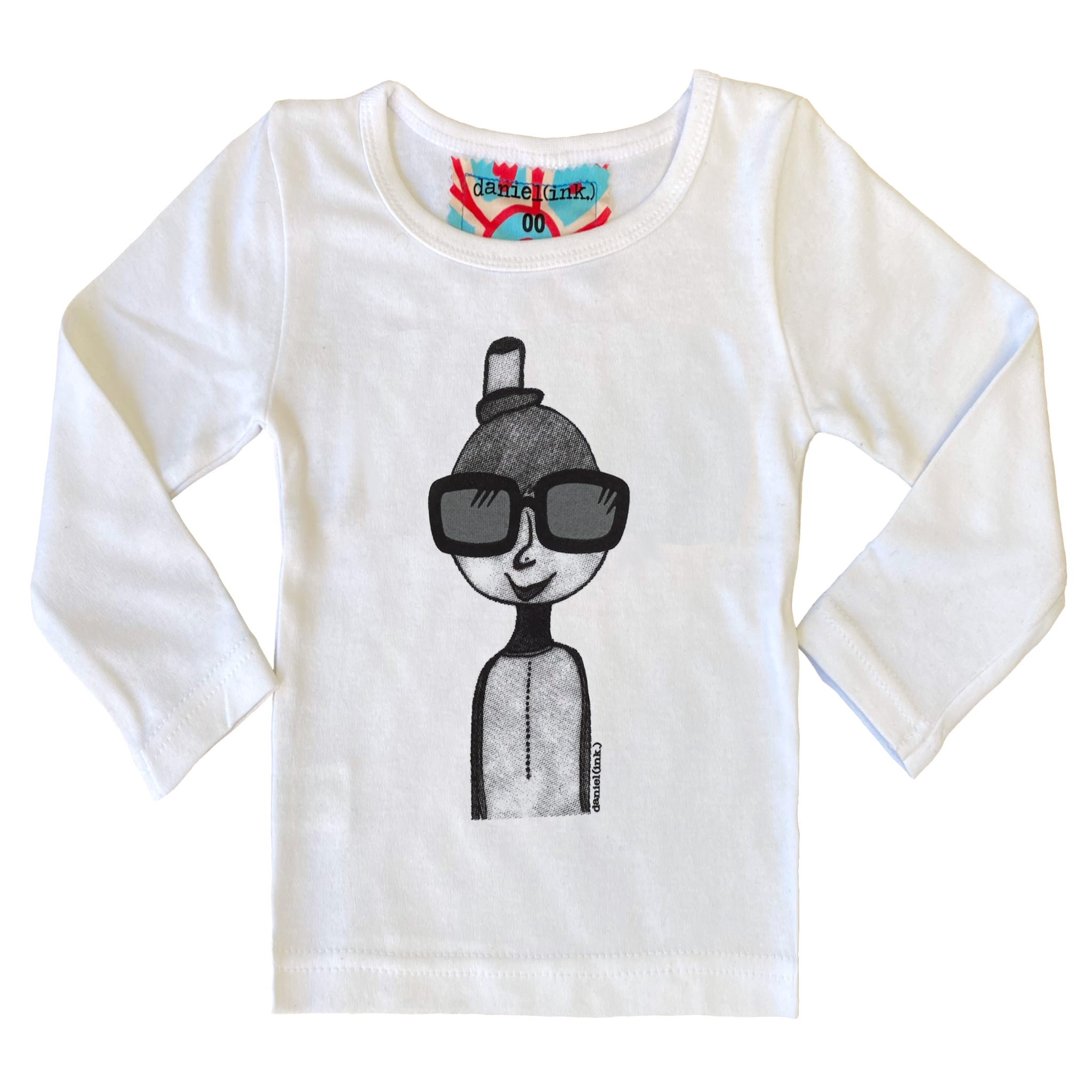 White, long sleeve babies' shirt featuring a hand drawn sketch of a person in black and white. The person is wearing a small top hat and big sunglasses. This shirt has a red, white, and blue fabric label on the back of the neck.