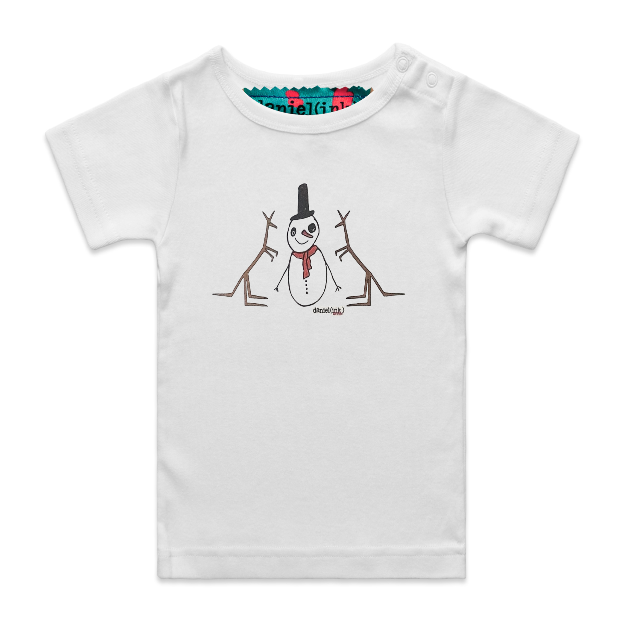 White short sleeve babies' t-shirt featuring an image of a snowman with two kangaroos. The snowman is wearing an orange scarf and a black top hat with one brown kangaroo either side of him. The t-shirt has a red, white, and blue fabric label on the back of the neck and has two white press studs on the left shoulder.