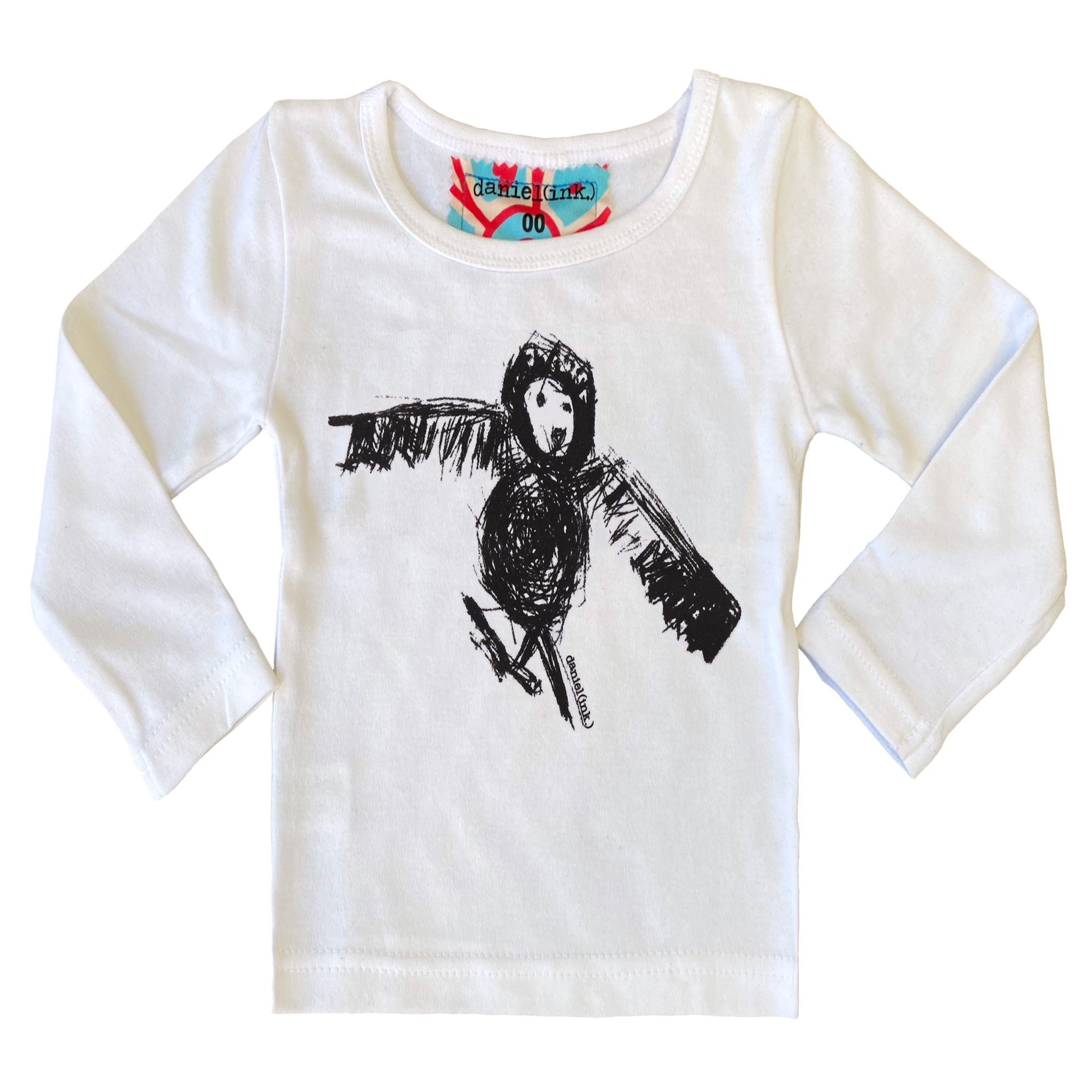 White long sleeve babies' shirt featuring a hand drawn sketch of an owl in black. The shirt has a red, white, and blue fabric label on the back of the neck.