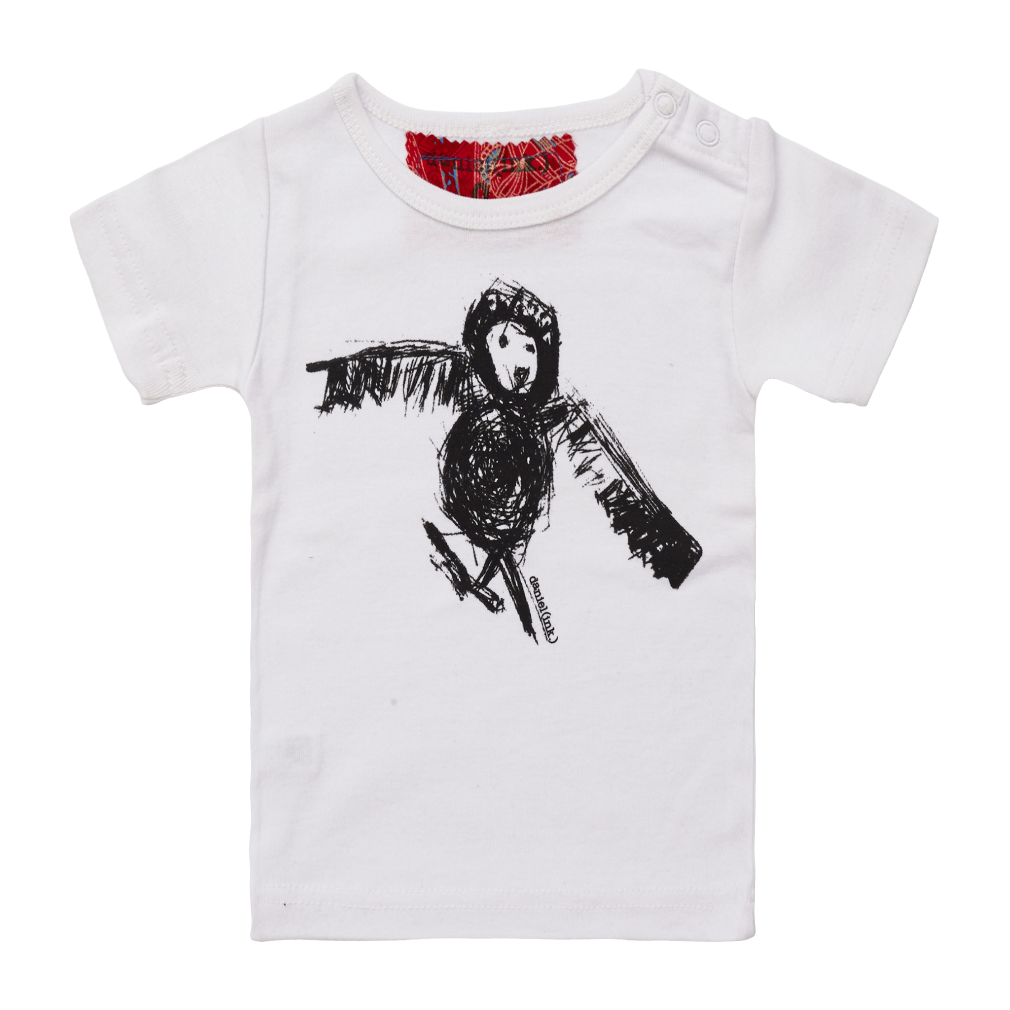 White short sleeve babies' t-shirt featuring a hand drawn sketch of an owl in black. The t-shirt has a red fabric label on the back of the neck and has two white press studs on the left shoulder.