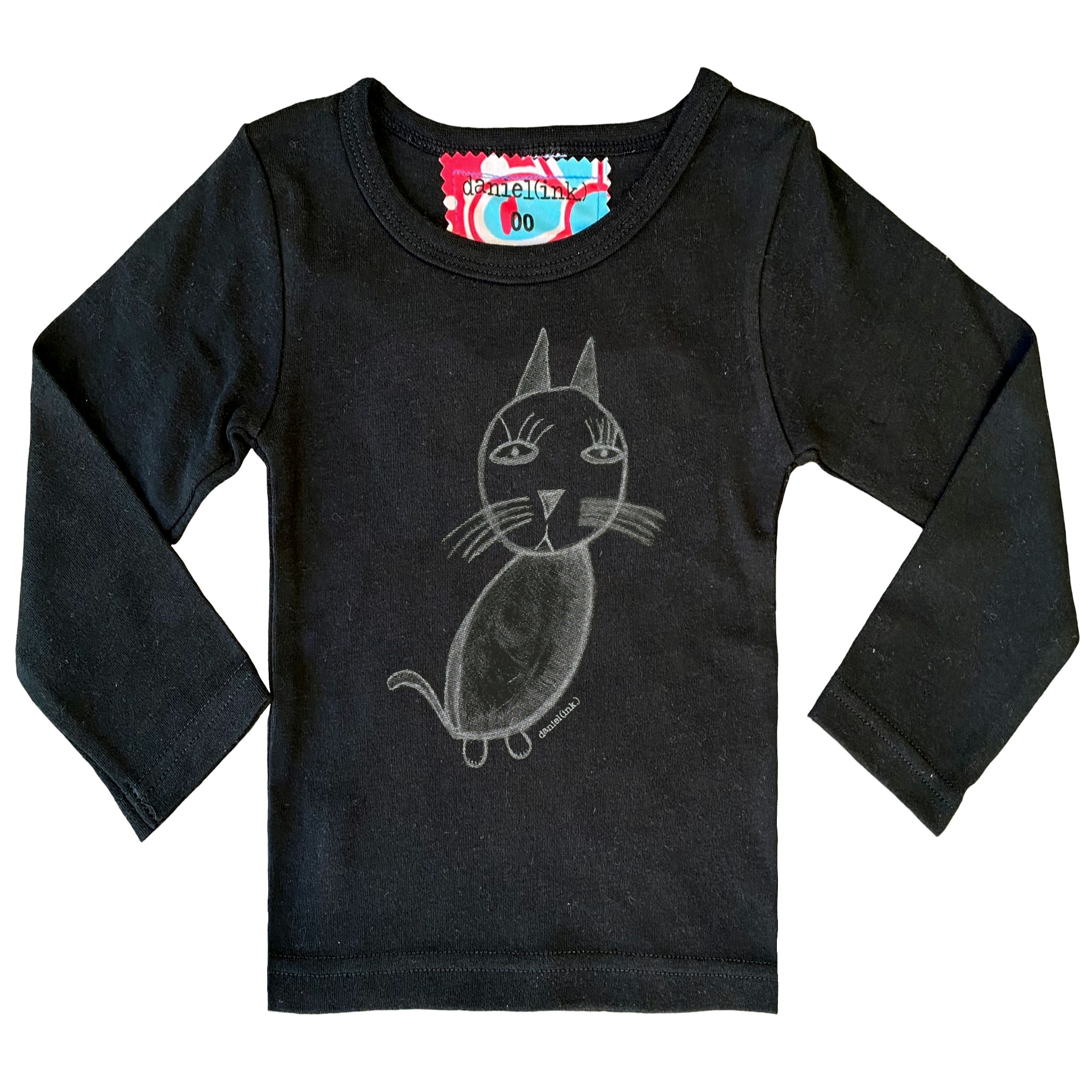 Black long sleeve babies' shirt featuring a hand drawn sketch of a cat in white. The shirt has a red, white, and blue fabric label on the back of the neck.