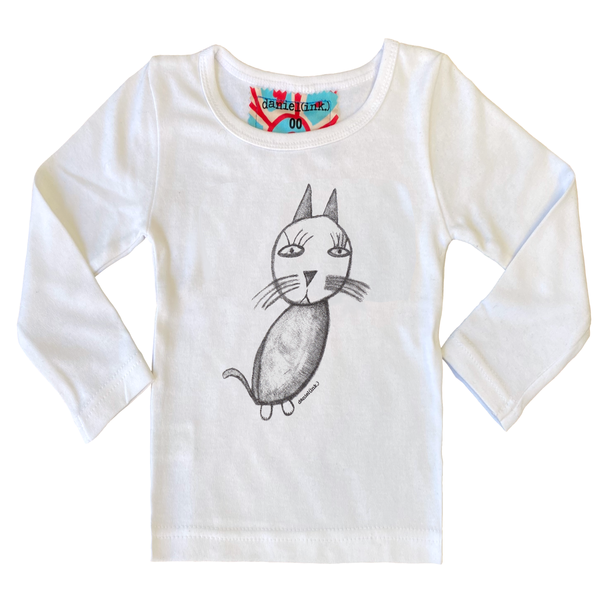 White long sleeve babies' shirt featuring a hand drawn sketch of a cat in black. The shirt has a red, white, and blue fabric label on the back of the neck.