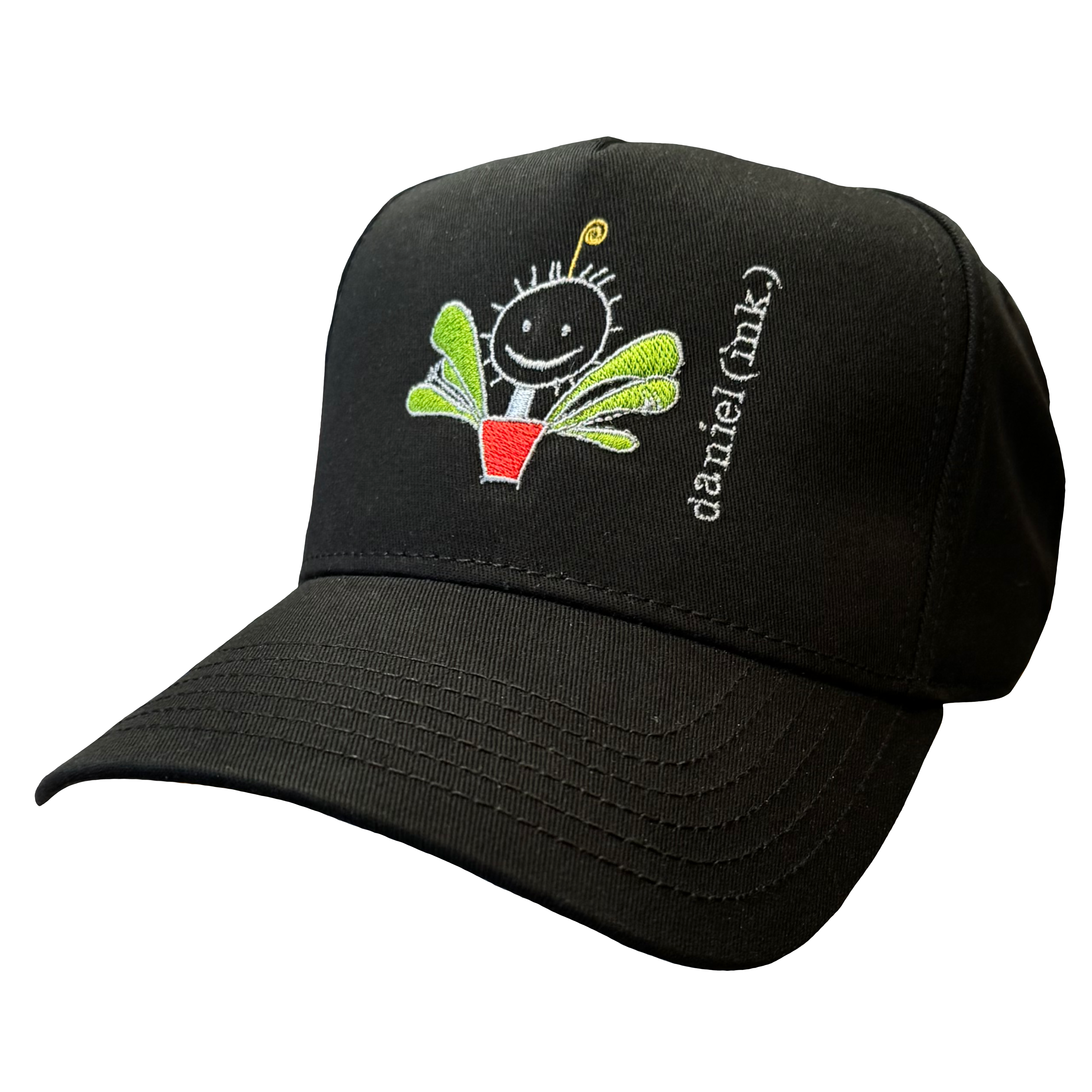 Black snapback cap featuring an embroidered image of a happy humanoid pot plant. The plant person is smiling and has a red plant pot-shaped torso with green leaves sprouting from the torso and a gold antenna sprouting from the top of its head. The name daniel(ink.) is embroidered in silver thread next to the plant person.