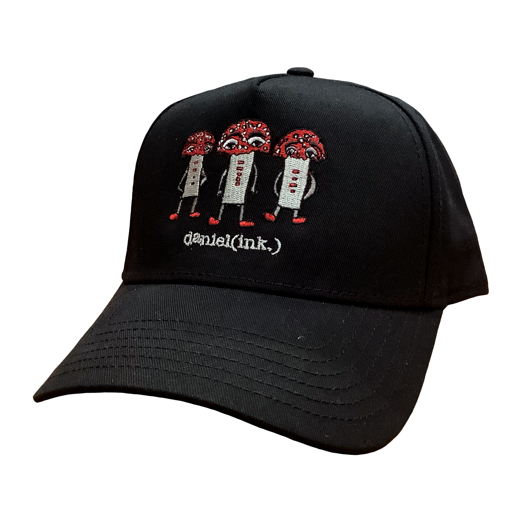 Black snapback cap featuring an embroidered image of three large mushroom humanoid figures. The mushroom figures have red heads and red shoes and red buttons which spell "magic" in morse code. The name daniel(ink.) is embroidered in silver thread underneath the mushroom figures.