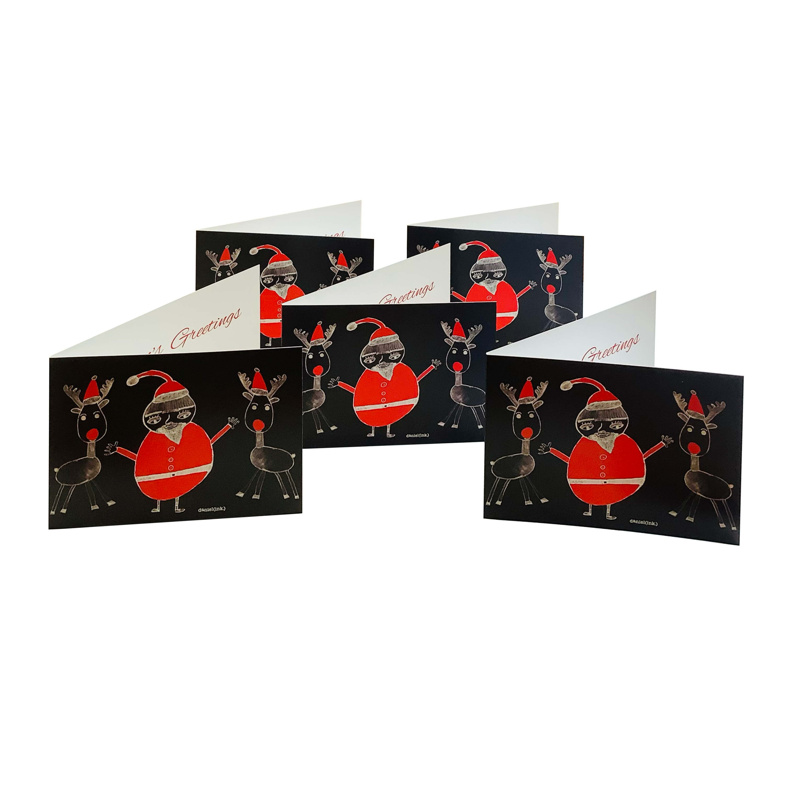 Five black Christmas cards featuring design #18. Design #18 features Santa Claus standing with two reindeer. Santa Claus is wearing his signature red outfit and the two reindeer either side of him are in red pointy Santa hats.