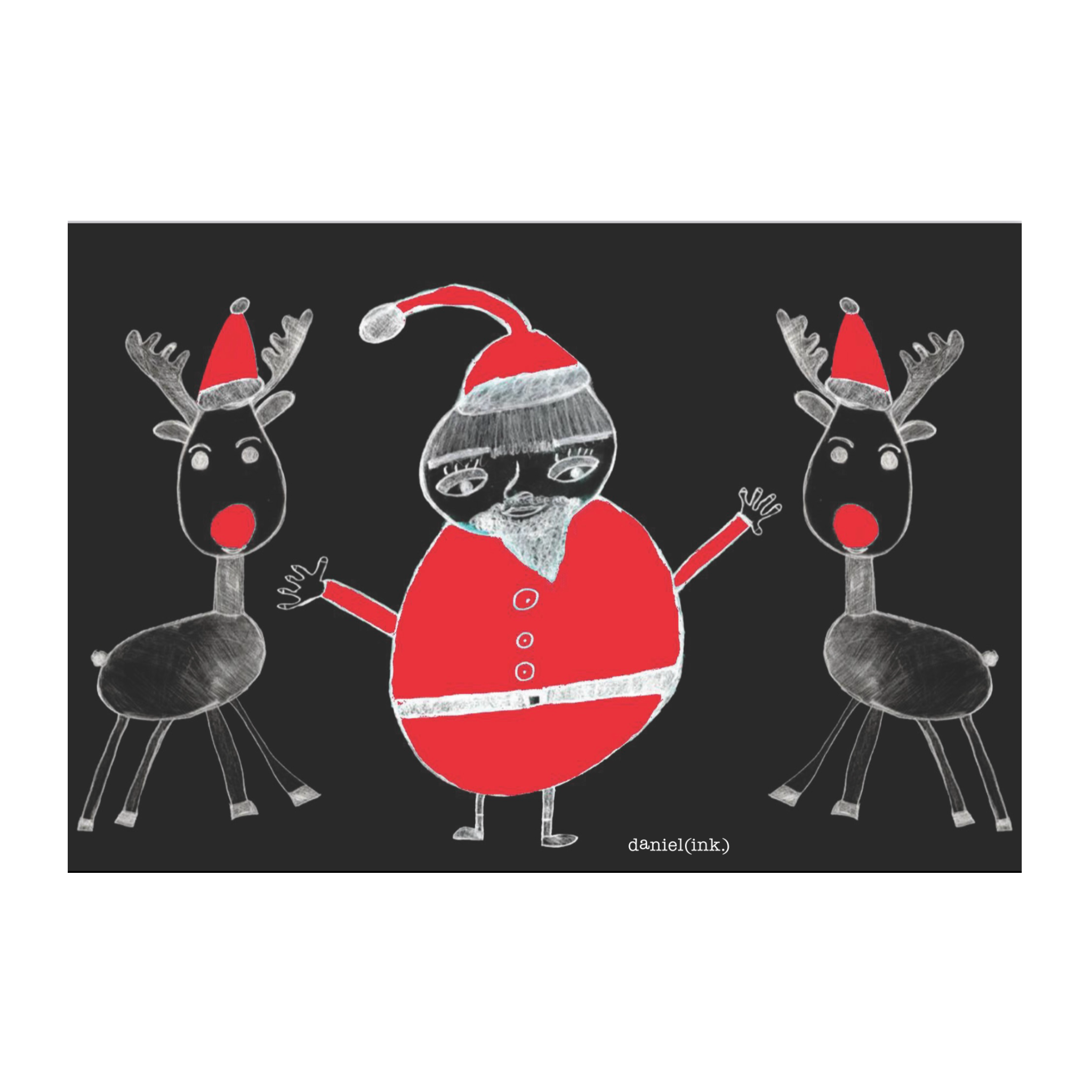 A single black Christmas card featuring design #18. Design #18 features Santa Claus standing with two reindeer. Santa Claus is wearing his signature red outfit and the two reindeer either side of him are in red pointy Santa hats.