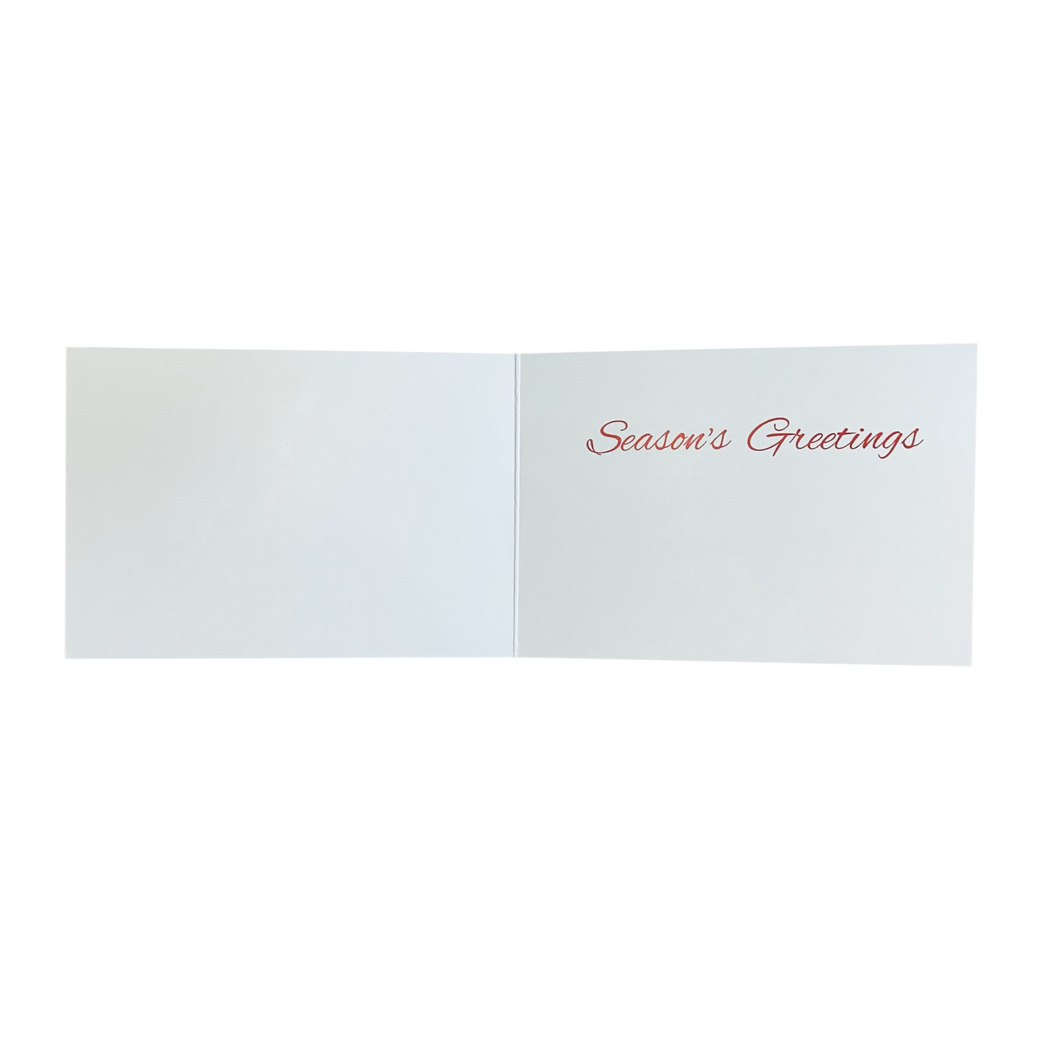Inside of design #18 Christmas card with a white background and "Season's Greetings" written in red.