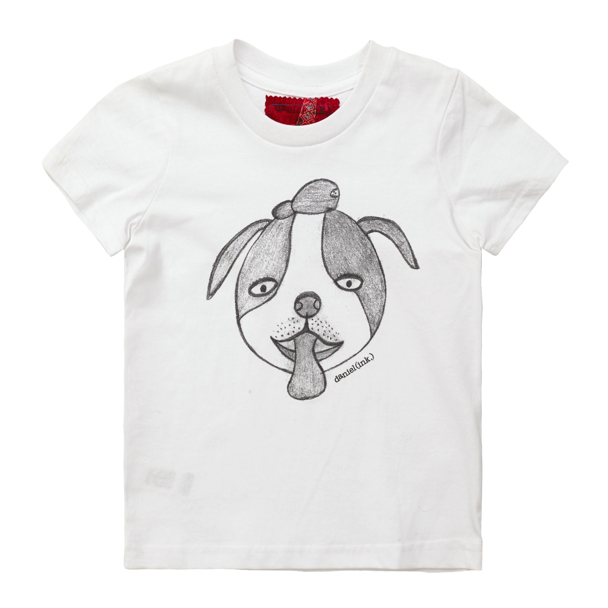 White kids' t-shirt featuring a hand drawn sketch of a dog’s face in black. The dog has a round head, floppy ears, wide eyes, and its tongue is sticking out. The t-shirt has a red fabric label on the back of the neck.