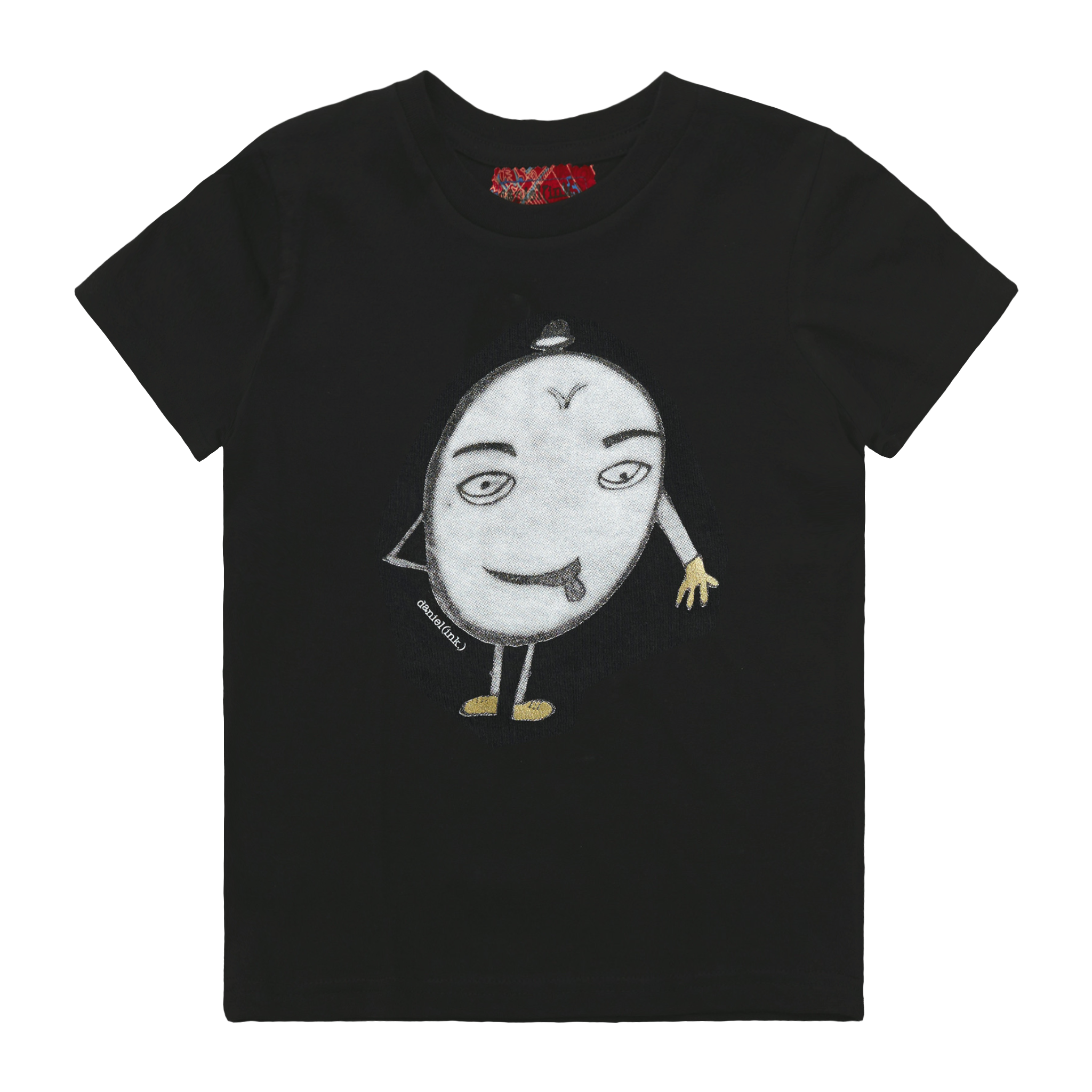 Black kids' t-shirt featuring a hand drawn sketch of a humanoid egg man. The egg man is wearing a black bowler hat, gold gloves, and gold shoes, and is sticking his tongue out. The t-shirt has a red fabric label on the back of the neck.