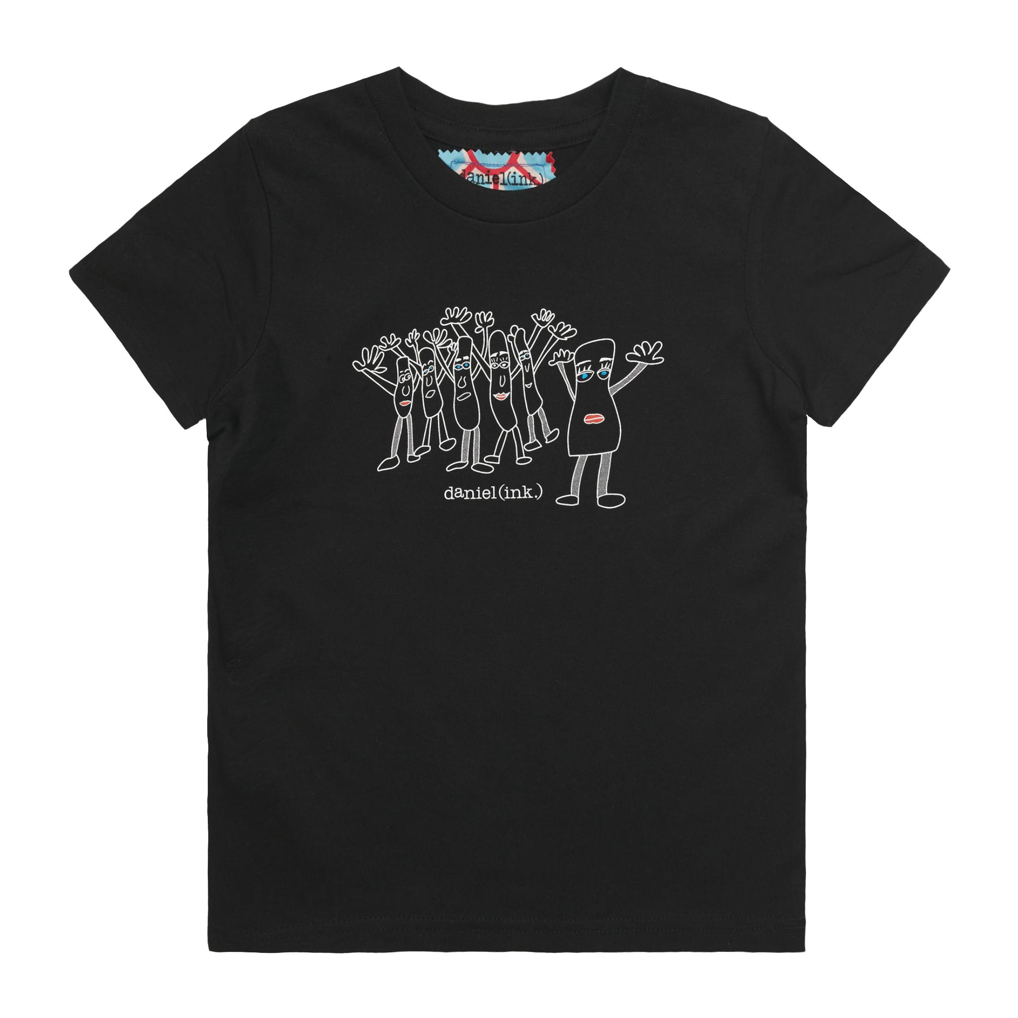 Black kids' t-shirt featuring an image of six humanoid sausage people standing next to each other. The sausage people have their arms in the air, waving happily. This t-shirt has a red, white, and blue fabric label on the back of the neck.
