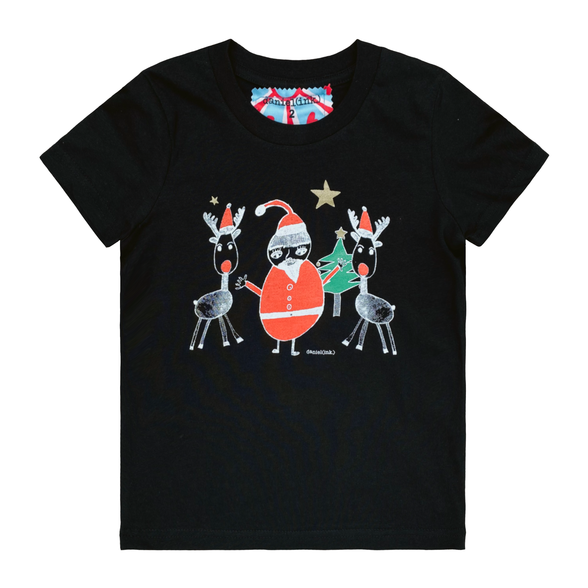 Black kids' t-shirt featuring a hand drawn sketch of Santa Claus standing with two reindeer in front of a Christmas tree. Santa Claus is wearing his signature red outfit and the two reindeer either side of him are in red pointy Santa hats. This t-shirt has a red, white, and blue fabric label on the back of the neck.