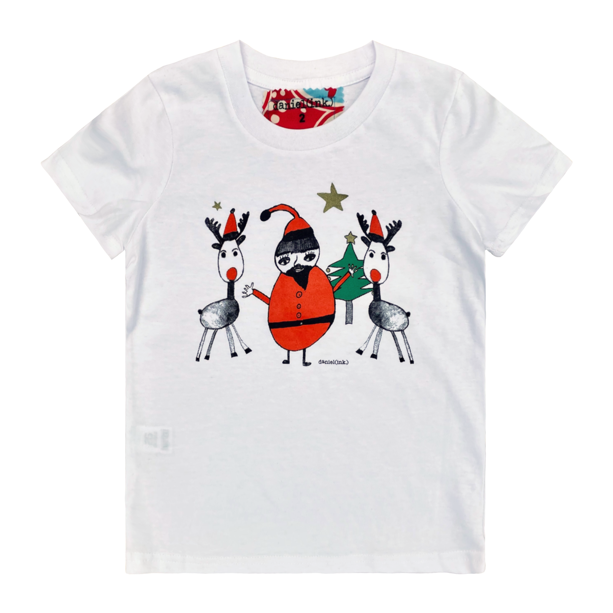 White kids' t-shirt featuring a hand drawn sketch of Santa Claus standing with two reindeer in front of a Christmas tree. Santa Claus is wearing his signature red outfit and the two reindeer either side of him are in red pointy Santa hats. This t-shirt has a red, white, and blue fabric label on the back of the neck.