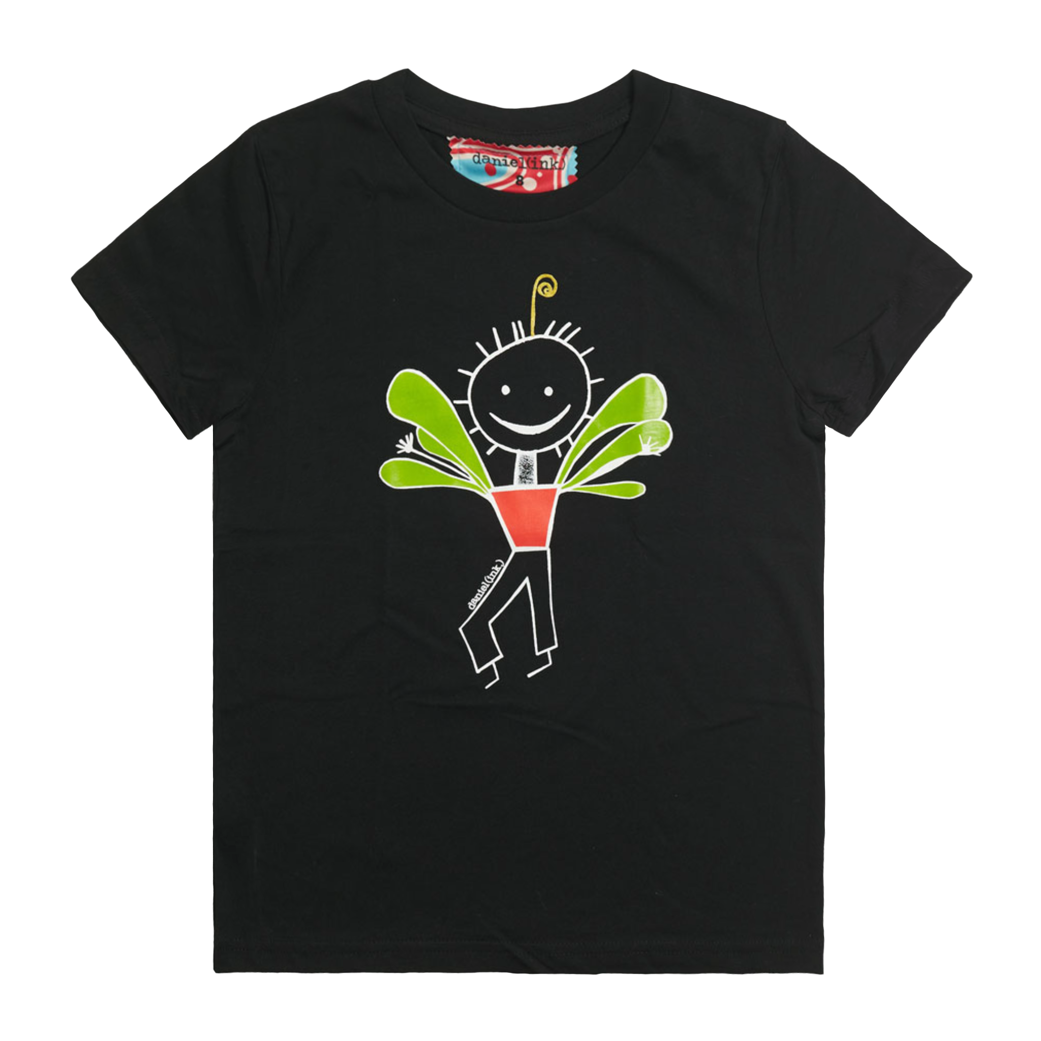 Black kids' t-shirt featuring an image of a happy humanoid pot plant. The plant person is smiling and has a red plant pot-shaped torso with long legs and green leaves sprouting from the torso. This t-shirt has a red, white, and blue fabric label on the back of the neck.
