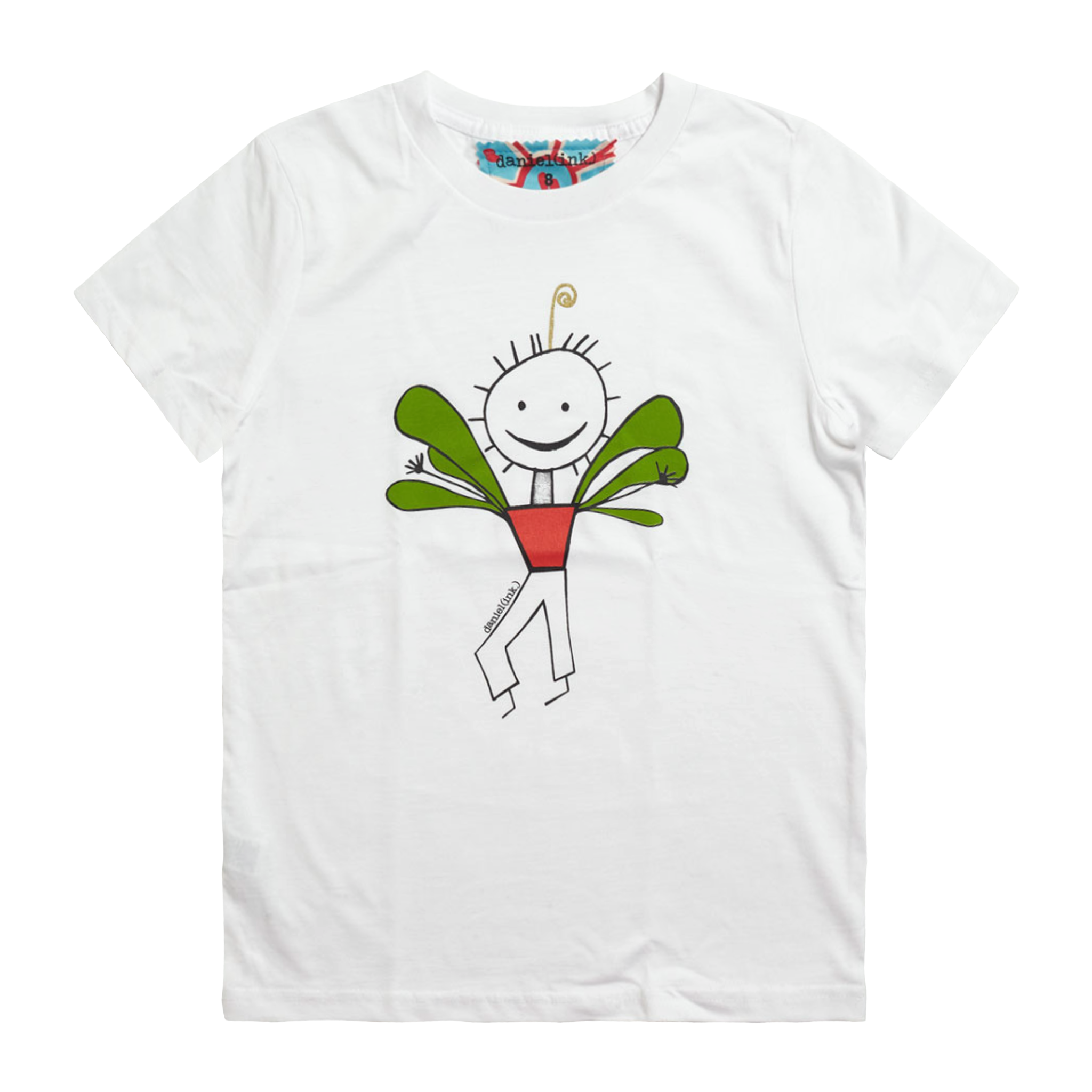 White kids' t-shirt featuring an image of a happy humanoid pot plant. The plant person is smiling and has a red plant pot-shaped torso with long legs and green leaves sprouting from the torso. This t-shirt has a red, white, and blue fabric label on the back of the neck.