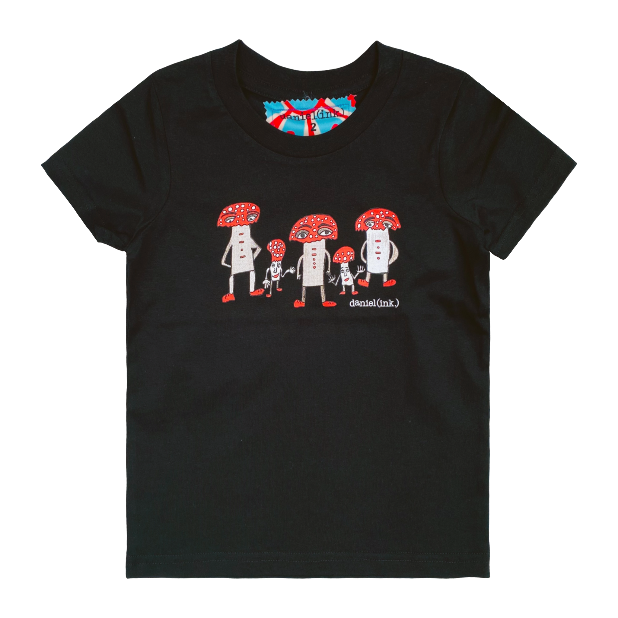 Black kids' t-shirt featuring a hand drawn image of five humanoid mushroom figures, three large and two small, standing next to each other. Each mushroom figure has a red mushroom cap, red shoes, and red accents. The three large mushrooms also have red buttons on their chests which spell "magic" in Morse code. This t-shirt has a red, white, and blue fabric label on the back of the neck.