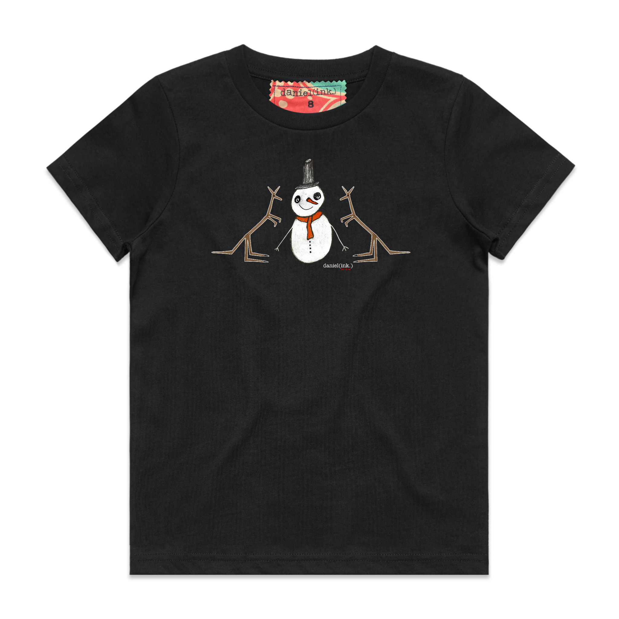 Black kids' t-shirt featuring a hand drawn image of a happy snowman standing in front of two kangaroos. The snowman is wearing an orange scarf and black top hat. This t-shirt has a red, white, and blue fabric label on the back of the neck.
