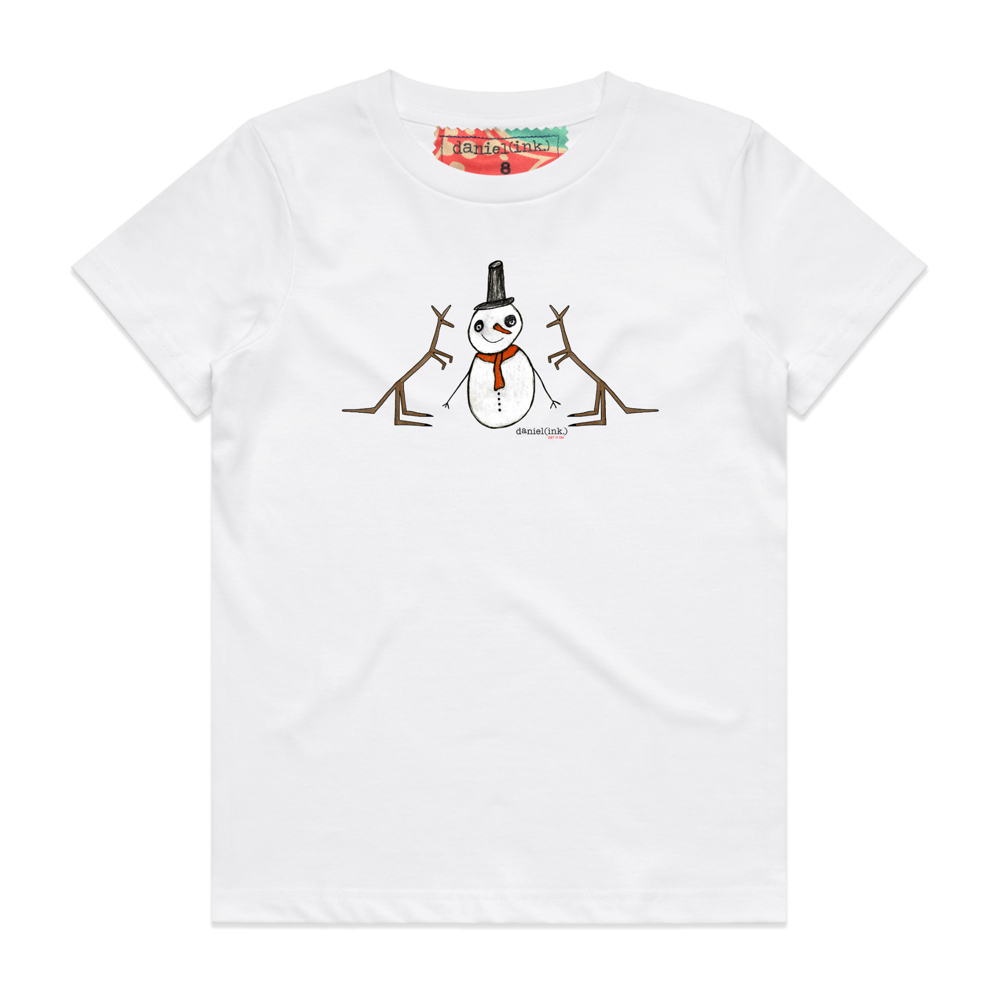 White kids' t-shirt featuring a hand drawn image of a happy snowman standing in front of two kangaroos. The snowman is wearing an orange scarf and black top hat. This t-shirt has a red, white, and blue fabric label on the back of the neck.