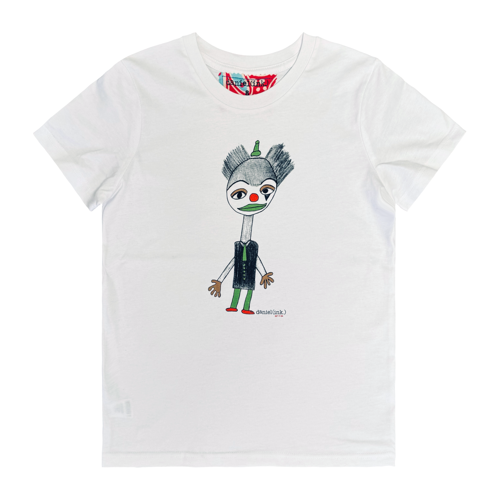 White kids' t-shirt featuring a hand drawn image of a colourful clown. The clown has a red nose and shoes; a green hat, lips, tie, buttons, and legs; and gold eye shadow and gloves. This t-shirt has a red, white, and blue fabric label on the back of the neck.