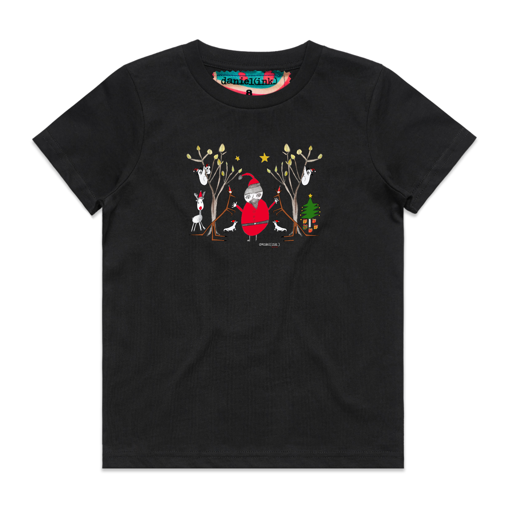 Black kids' t-shirt featuring a hand drawn image of Santa Claus standing in between two kangaroos and in front of two large gum trees. The kangaroos are accompanied by two small lizards, one of Santa's reindeer, and a Christmas tree surrounded by presents. The gum trees both have koalas in them. This t-shirt has a red, white, and blue fabric label on the back of the neck.