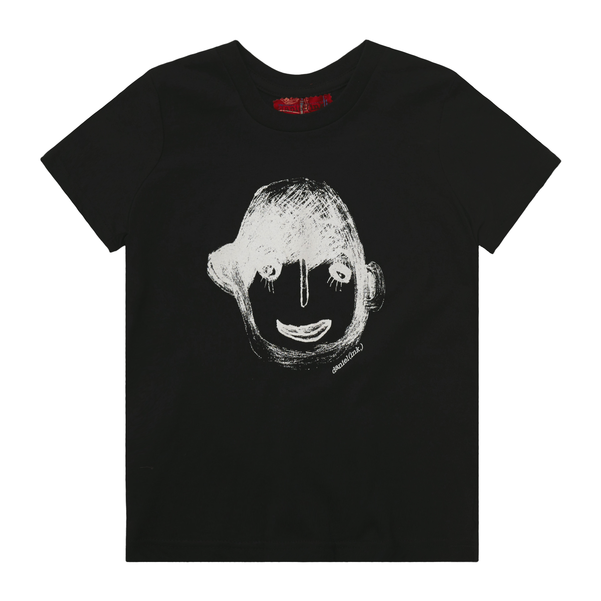 Black kids' t-shirt featuring a hand drawn sketch of a person's face in white. This t-shirt has a red fabric label on the back of the neck.