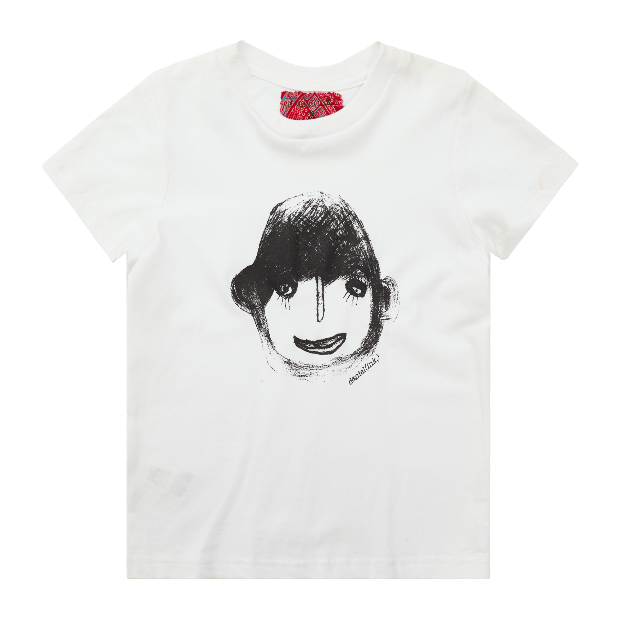 White kids' t-shirt featuring a hand drawn sketch of a person's face in black. This t-shirt has a red fabric label on the back of the neck.