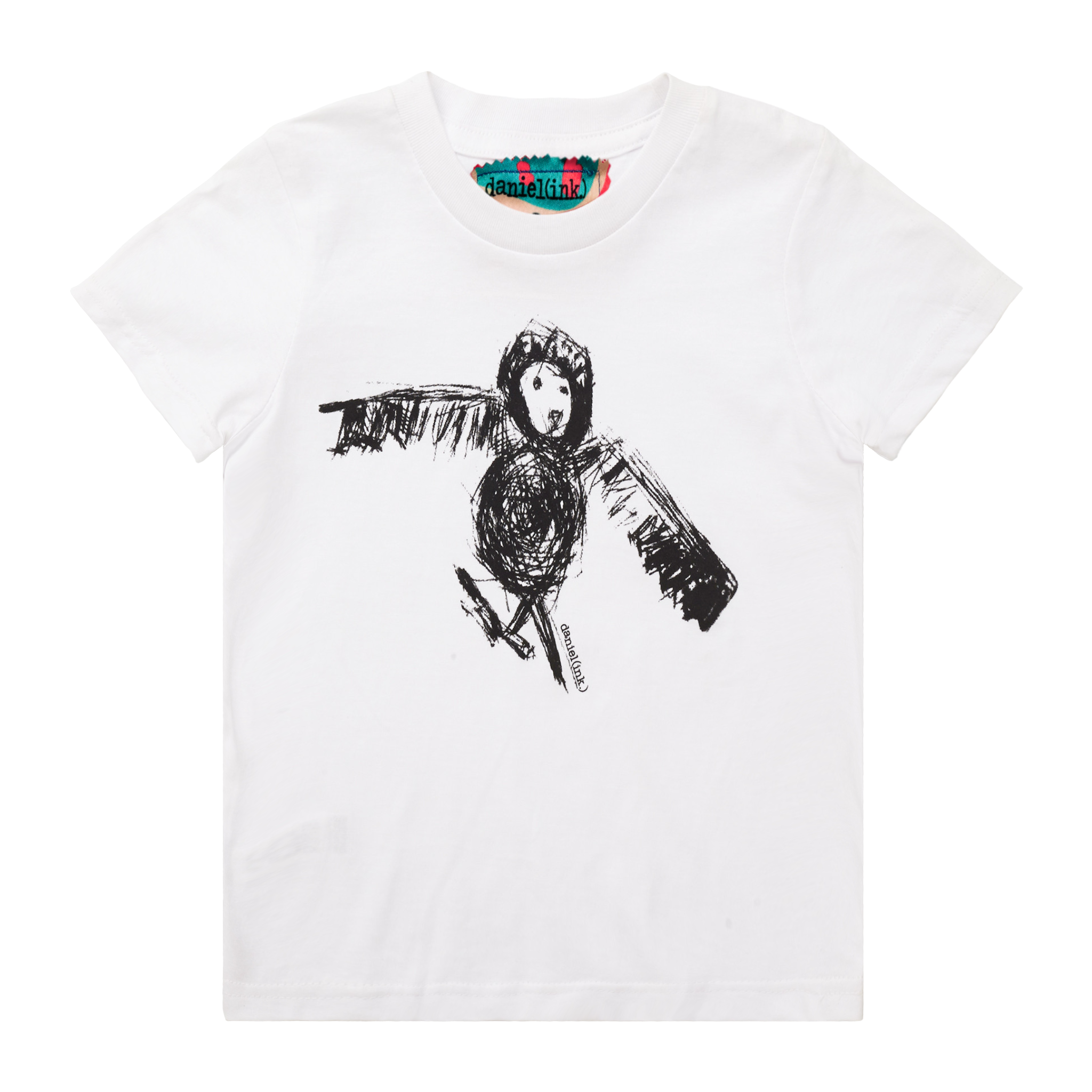 White kids' t-shirt featuring a hand drawn sketch of an owl in black. This t-shirt has a red, white, and blue fabric label on the back of the neck.