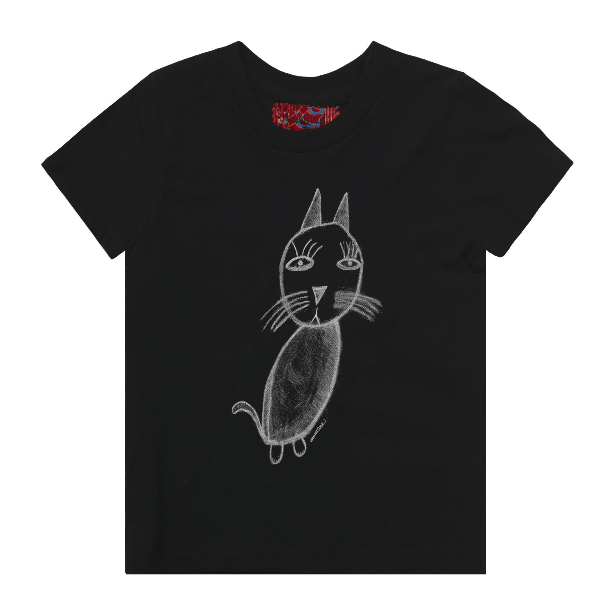Black kids' t-shirt featuring a hand drawn sketch of a cat in white. This t-shirt has a red fabric label on the back of the neck.