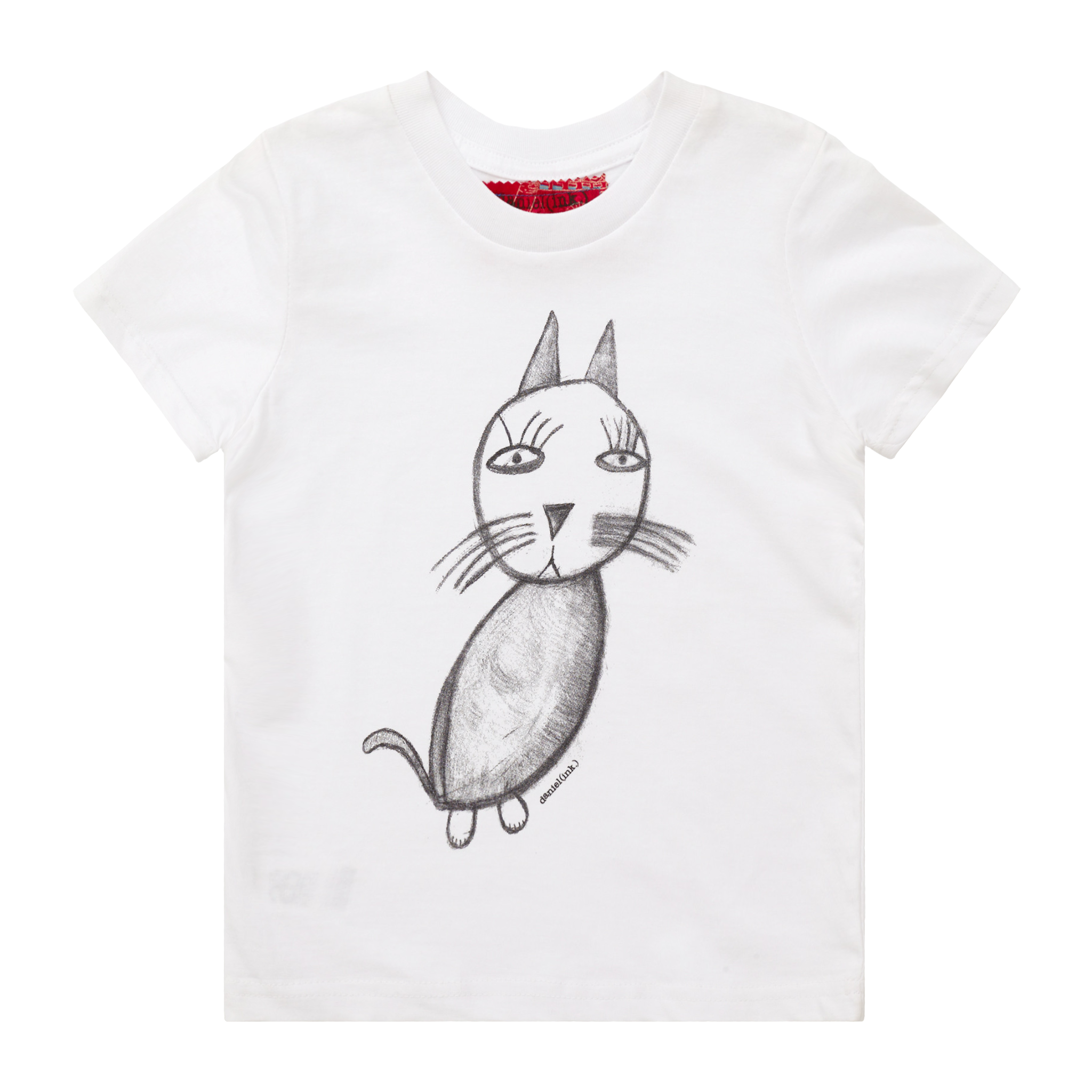 White kids' t-shirt featuring a hand drawn sketch of a cat in black. This t-shirt has a red fabric label on the back of the neck.