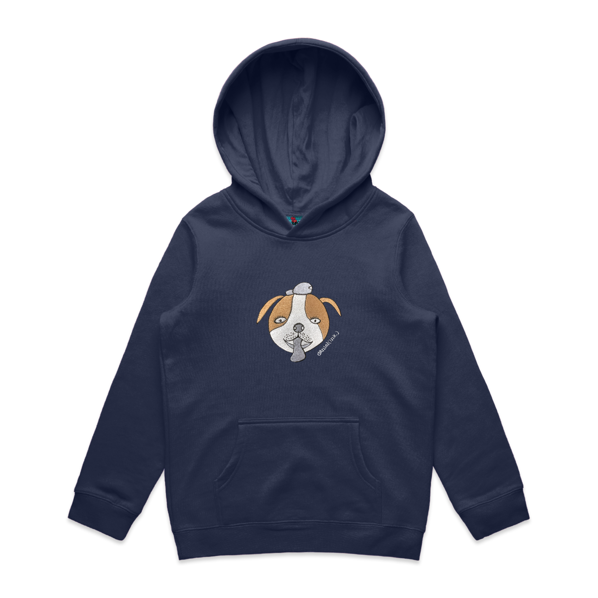 Midnight blue kids’ hoodie featuring an embroidered image of a dog in brown and silver. The hoodie features a pullover hood, inset sleeves, and a kangaroo pocket. The name daniel(ink.) is embroidered in silver next to the dog.