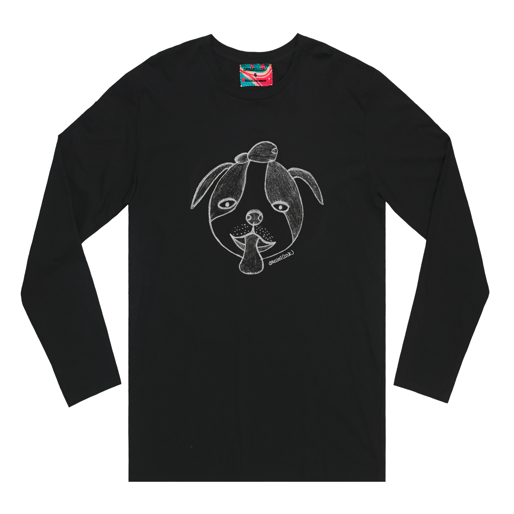 Black long sleeve men's shirt featuring a hand drawn sketch of a dog’s face in white. The dog has a round head, floppy ears, wide eyes, and its tongue is sticking out. The shirt has a red, white, and blue fabric label on the back of the neck.