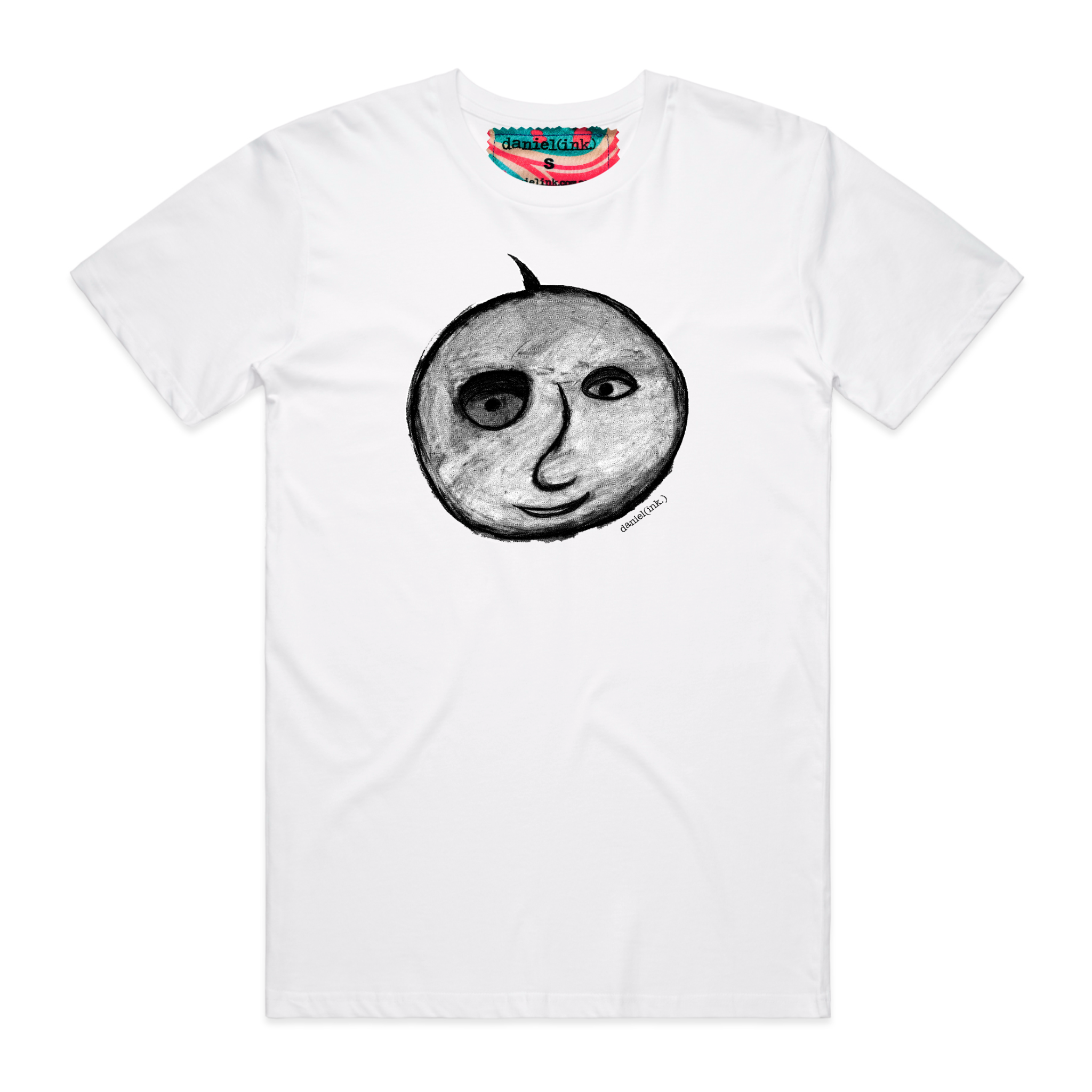 White short sleeve men's t-shirt featuring a hand drawn charcoal sketch of an apple with a face in black and white. The t-shirt has a red, white, and blue fabric label on the back of the neck.