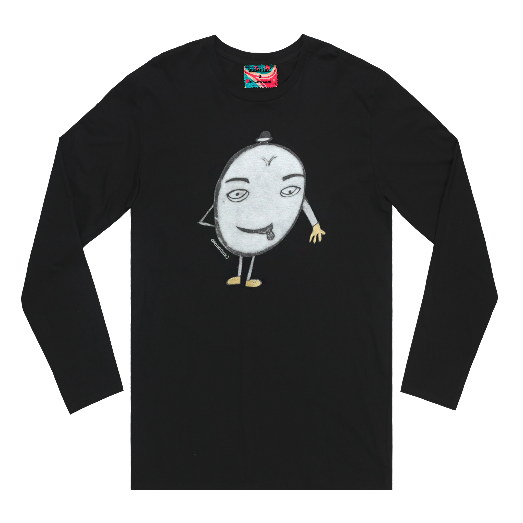 Black long sleeve men's shirt featuring a hand-drawn picture of a humanoid egg man. The egg man is wearing a black bowler hat, gold gloves, and gold shoes, and is sticking his tongue out. There is a red fabric label on the back of the neck.