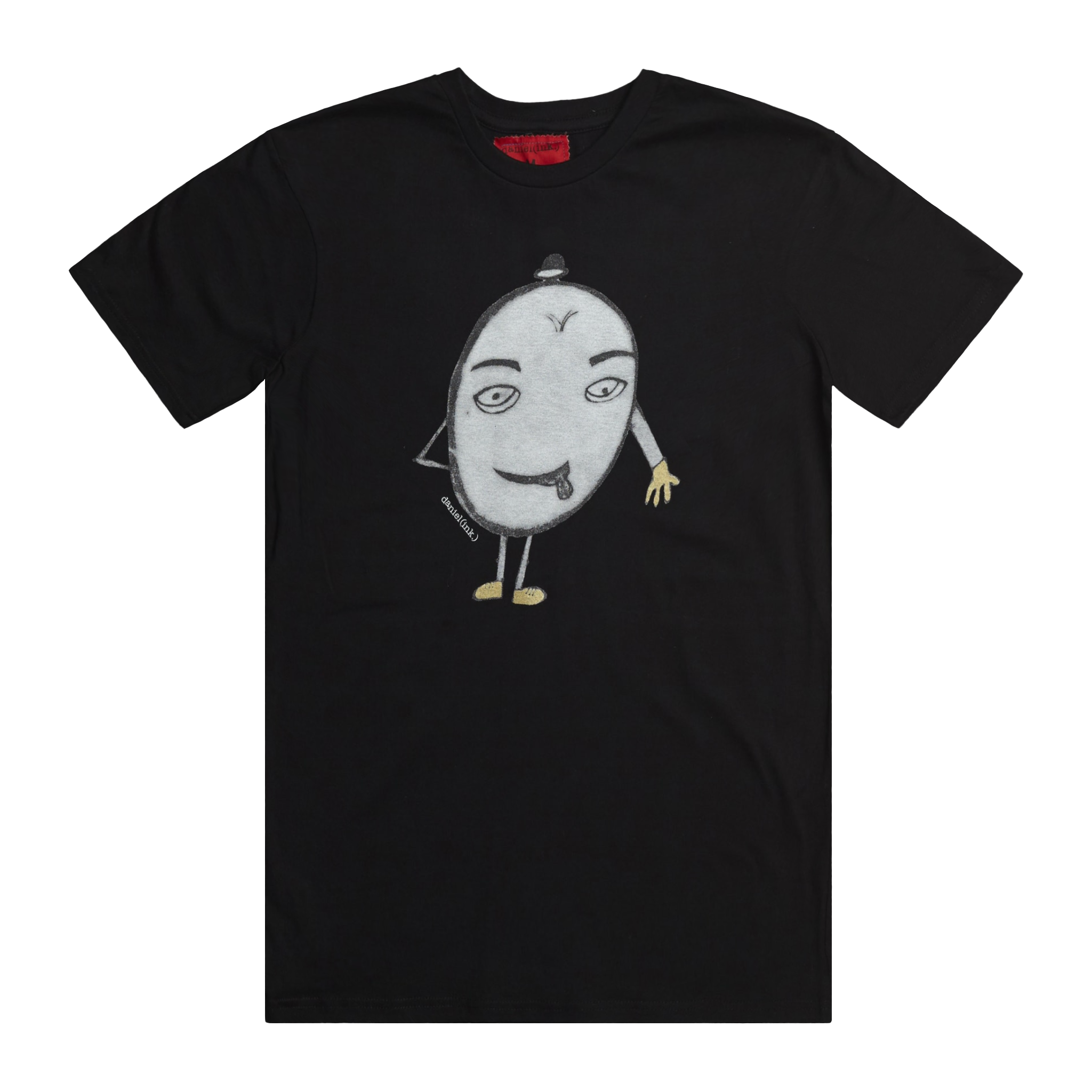 Black short sleeve men's t-shirt featuring a hand-drawn picture of a humanoid egg man. The egg man is wearing a black bowler hat, gold gloves, and gold shoes, and is sticking his tongue out. There is a red fabric label on the back of the neck.