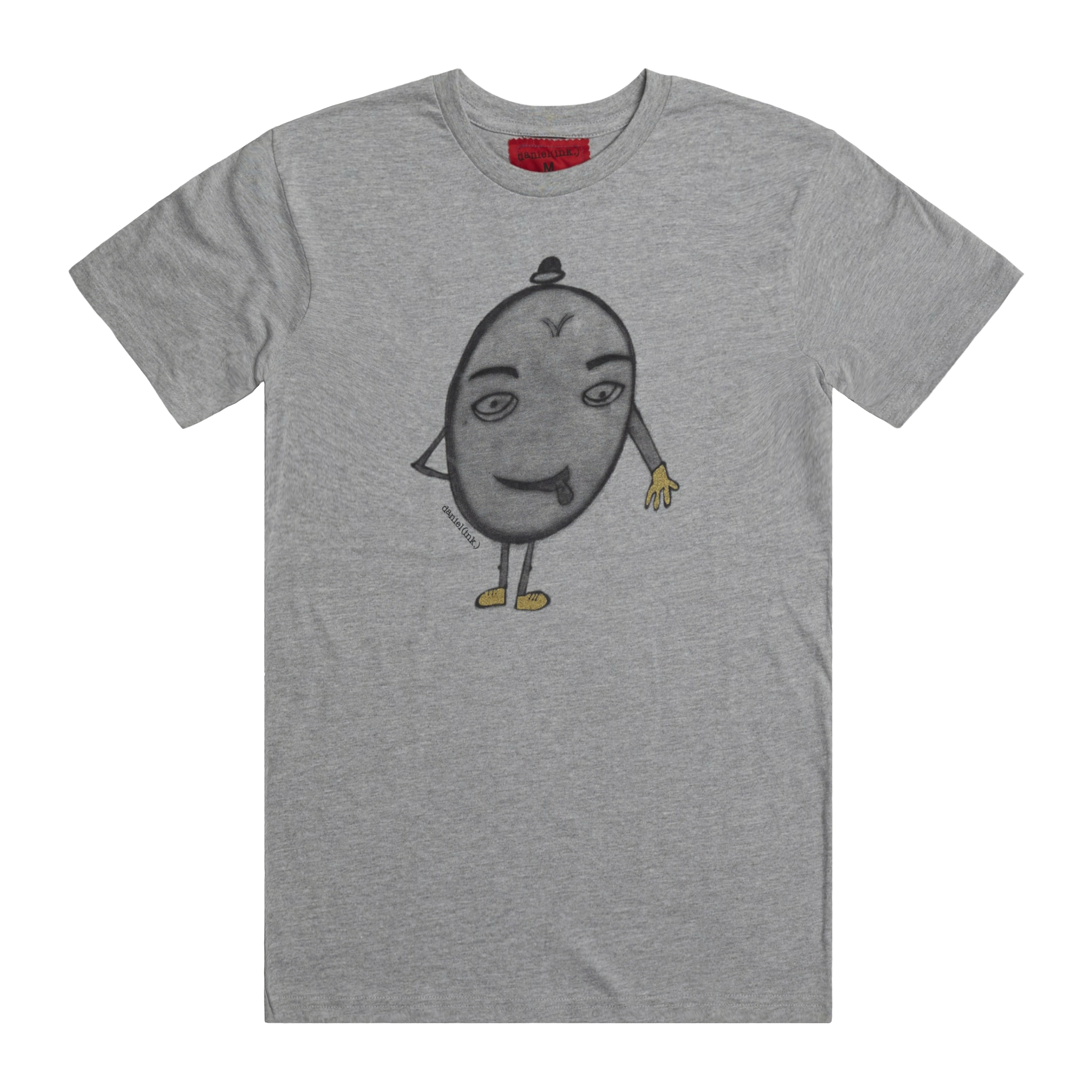 Grey short sleeve men's t-shirt featuring a hand-drawn picture of a humanoid egg man. The egg man is wearing a black bowler hat, gold gloves, and gold shoes, and is sticking his tongue out. There is a red fabric label on the back of the neck.