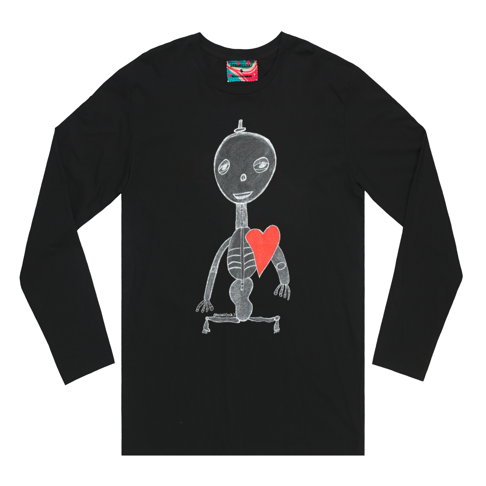 Black long sleeve men’s shirt featuring a hand drawn sketch of a skeleton with a red heart. The shirt has a red fabric label on the back of the neck.