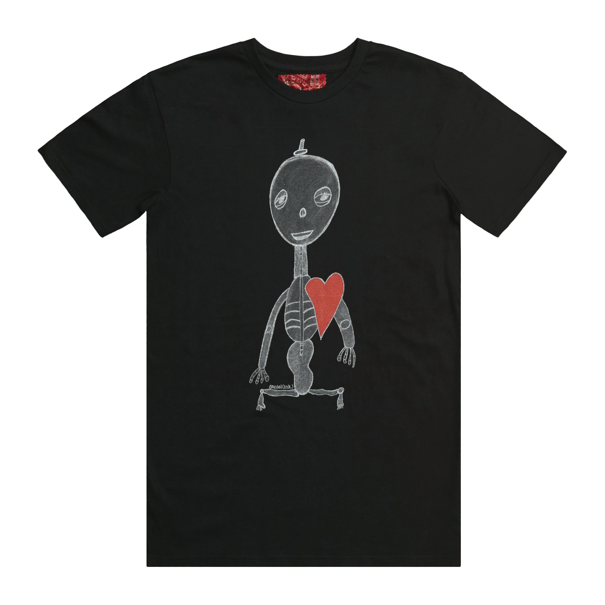Black short sleeve men’s t-shirt featuring a hand drawn sketch of a skeleton with a red heart. The t-shirt has a red fabric label on the back of the neck.