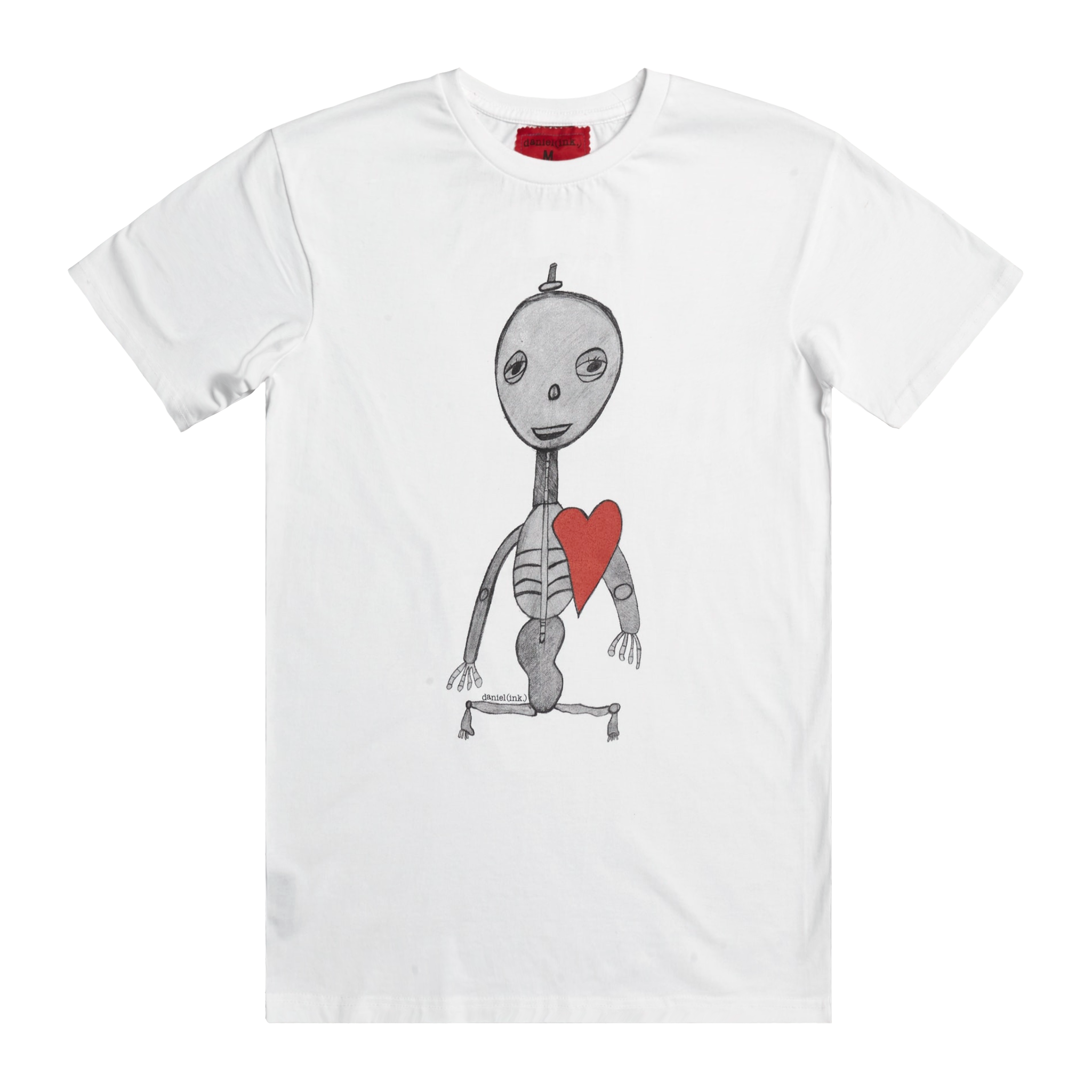 White short sleeve men’s t-shirt featuring a hand drawn sketch of a skeleton with a red heart. The t-shirt has a red fabric label on the back of the neck.