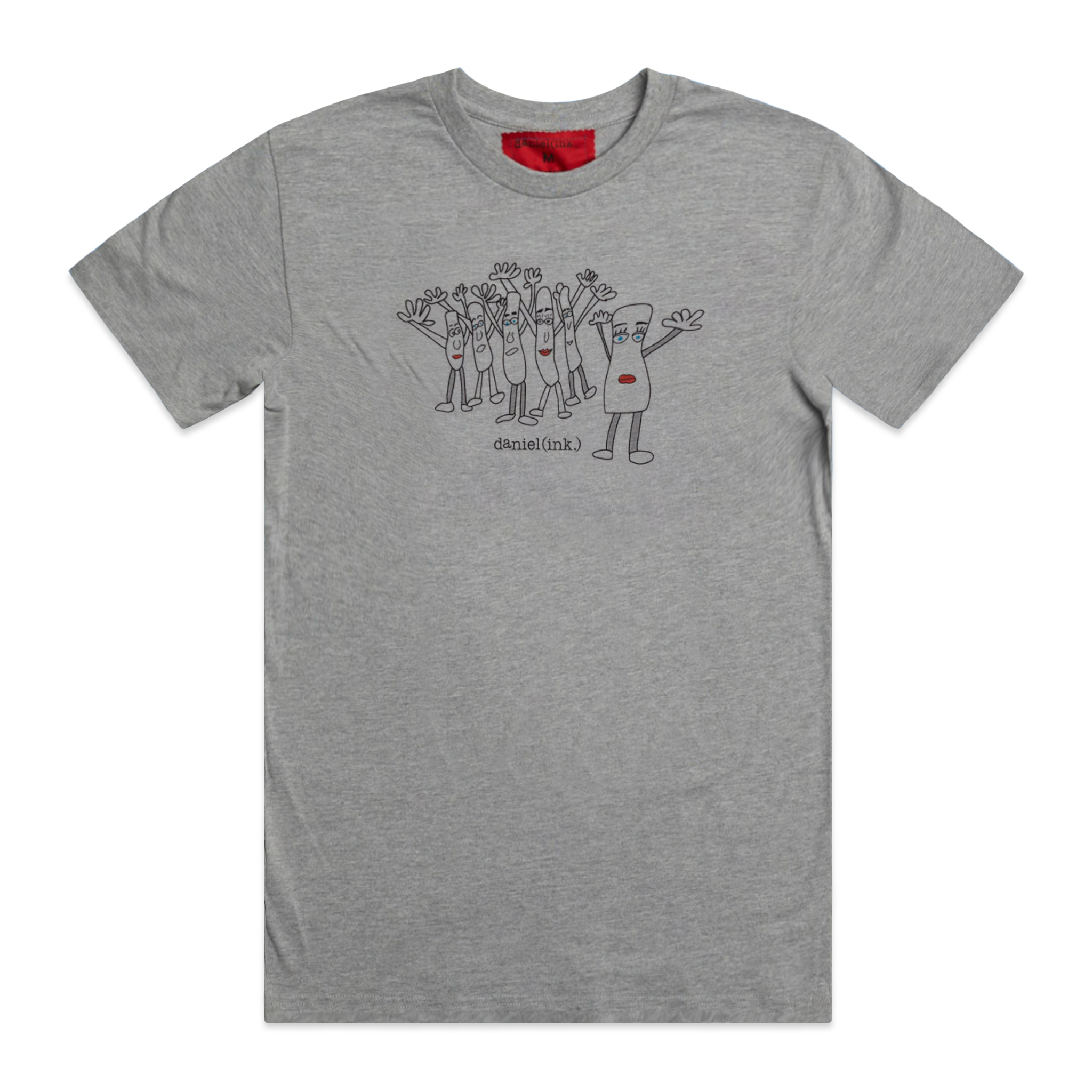 Grey men's t-shirt featuring an image of six humanoid sausage people standing next to each other. The sausage people have their arms in the air, waving happily. This t-shirt has a red fabric label on the back of the neck.