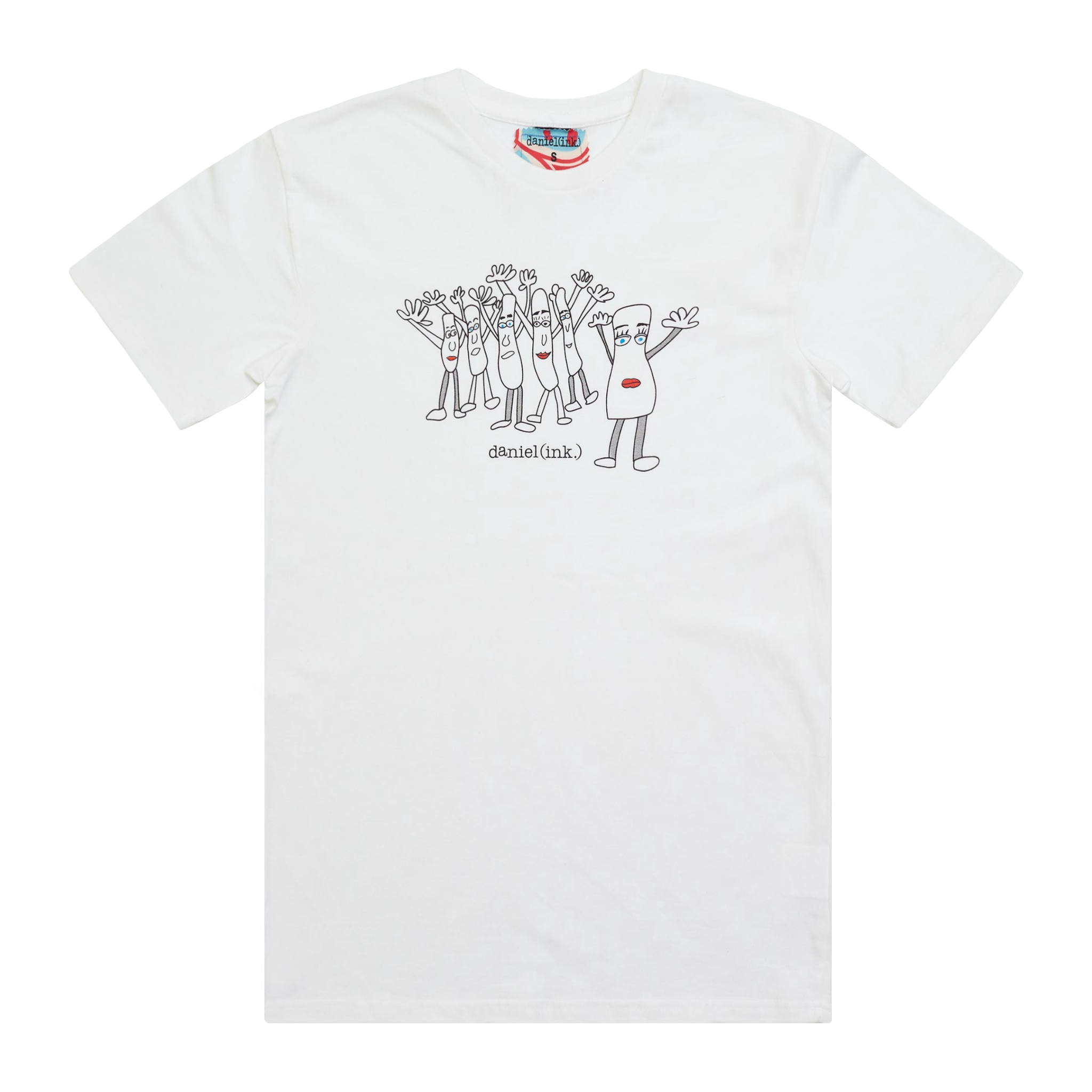 White men's t-shirt featuring an image of six humanoid sausage people standing next to each other. The sausage people have their arms in the air, waving happily. This t-shirt has a red, white, and blue fabric label on the back of the neck.