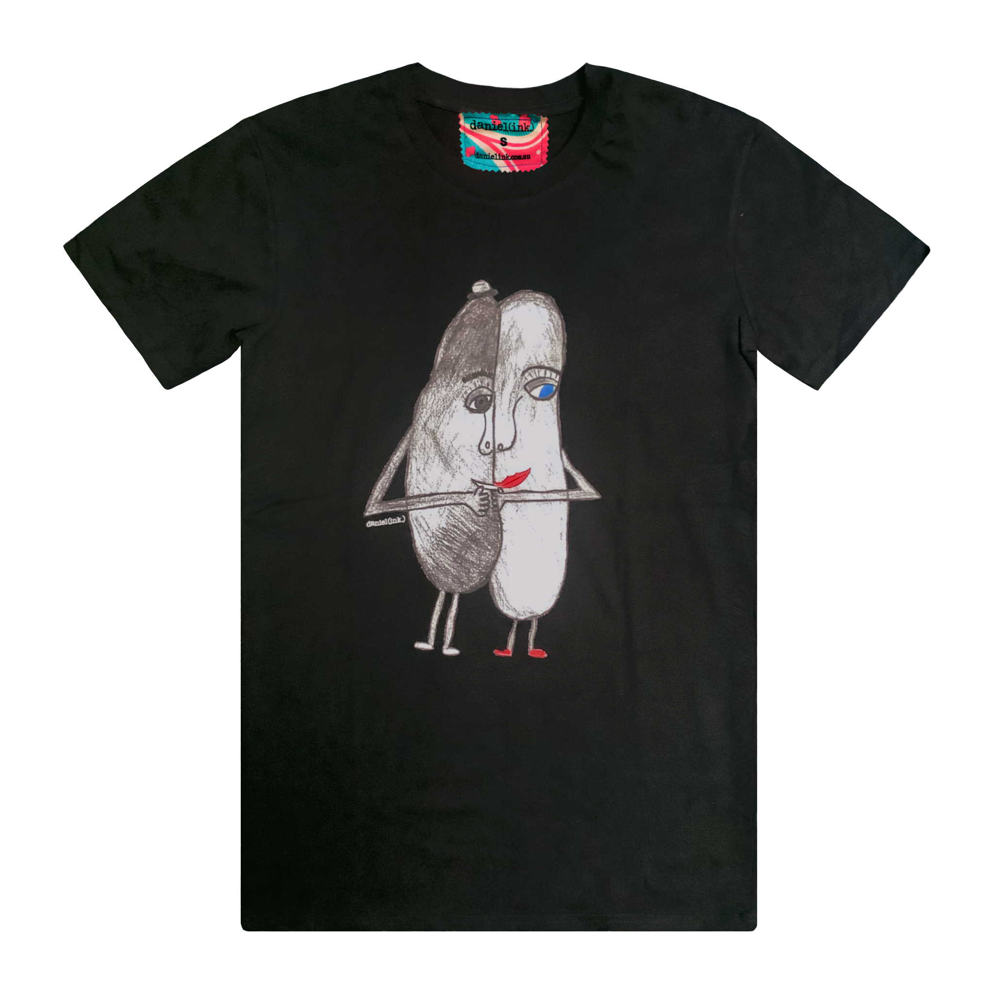 Black men's t-shirt featuring a hand drawn sketch of two oval-shaped humanoid figures merged side by side and holding hands. The humanoid figure on the left is wearing a bowler hat and the humanoid figure on the right has red lips. This t-shirt has a red, white, and blue fabric label on the back of the neck.