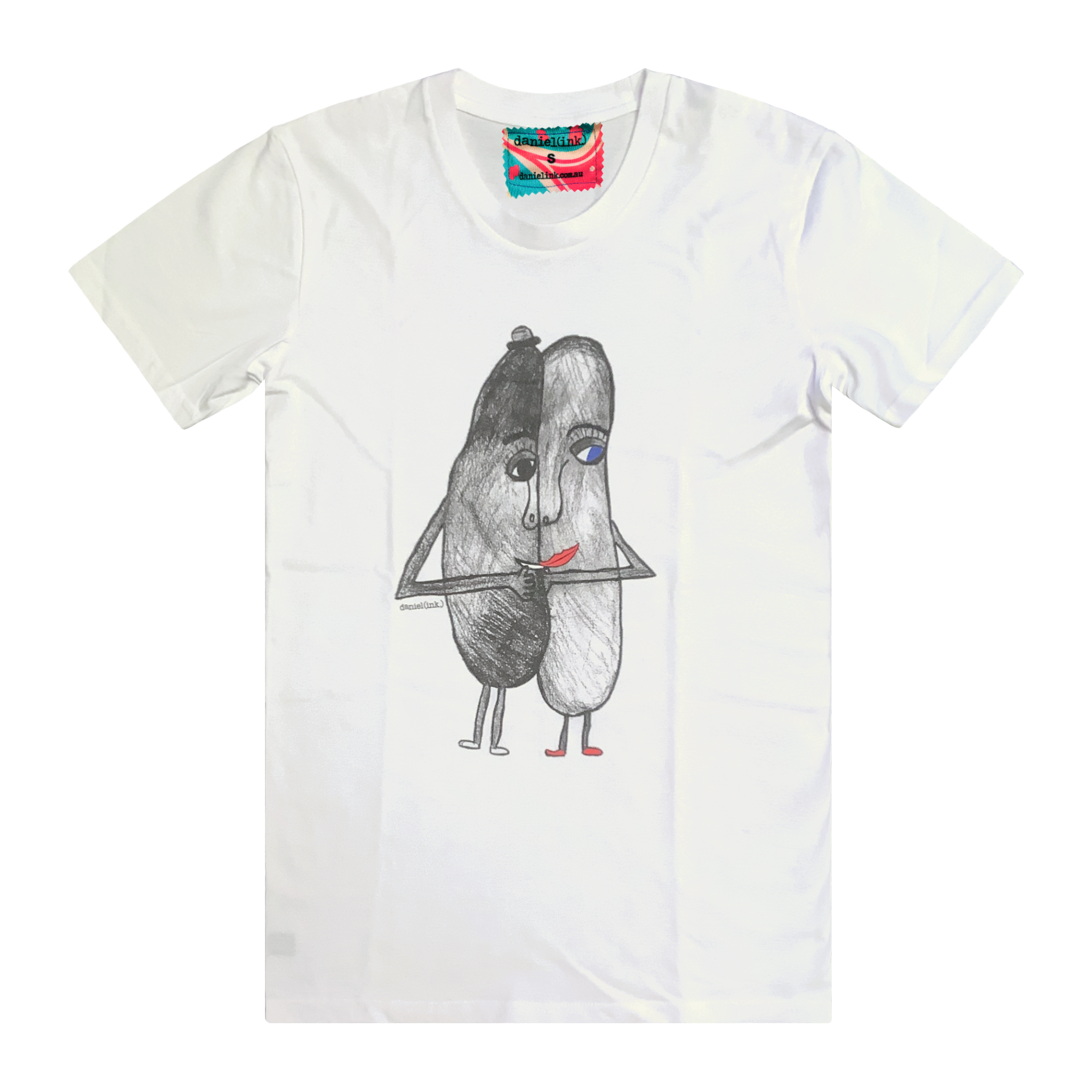 White men's t-shirt featuring a hand drawn sketch of two oval-shaped humanoid figures merged side by side and holding hands. The humanoid figure on the left is wearing a bowler hat and the humanoid figure on the right has red lips. This t-shirt has a red, white, and blue fabric label on the back of the neck.