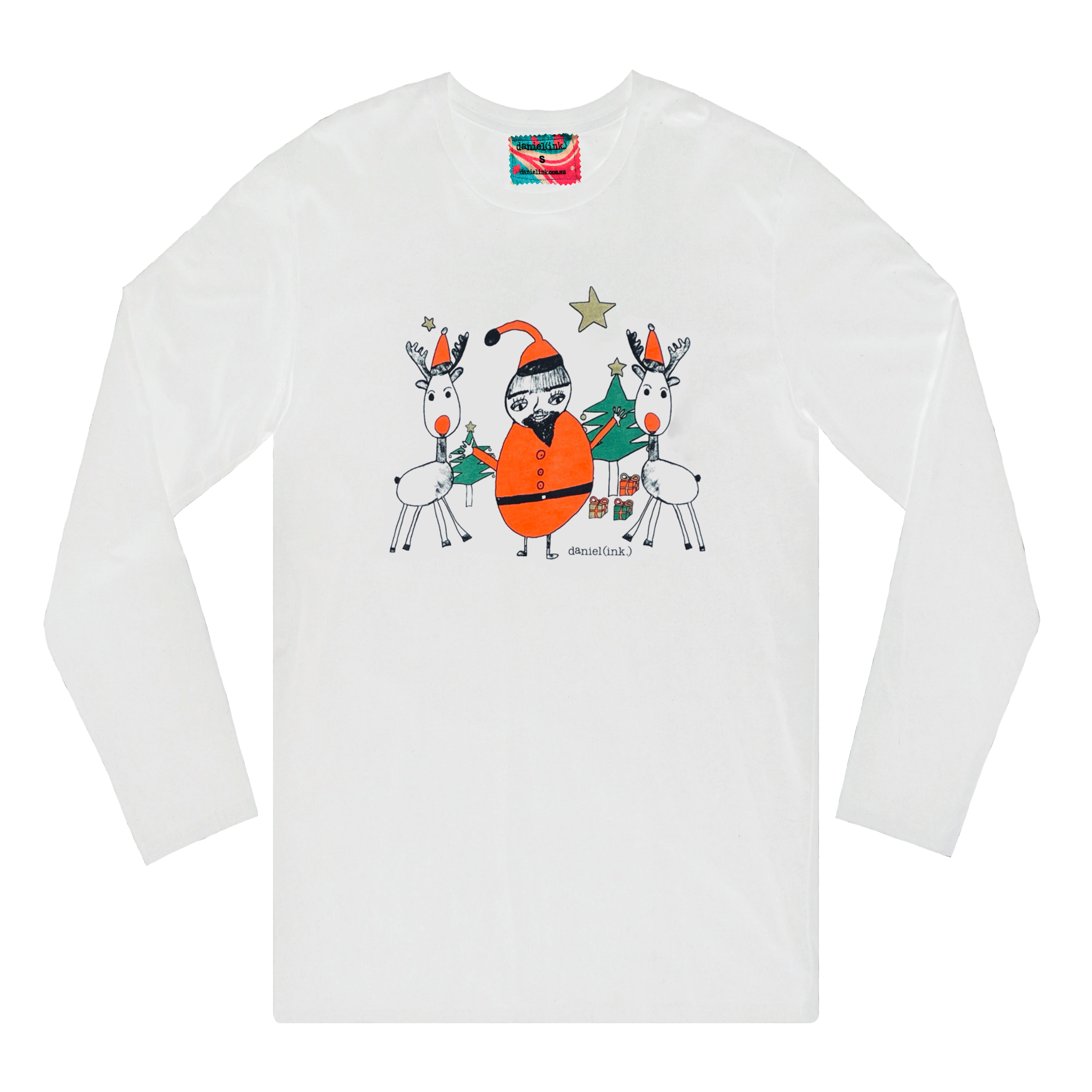 Men's white long sleeve shirt featuring a hand drawn sketch of Santa Claus standing with two reindeer in front of a Christmas tree. Santa Claus is wearing his signature red outfit and the two reindeer either side of him are in red pointy Santa hats. This shirt has a red, white, and blue fabric label on the back of the neck.
