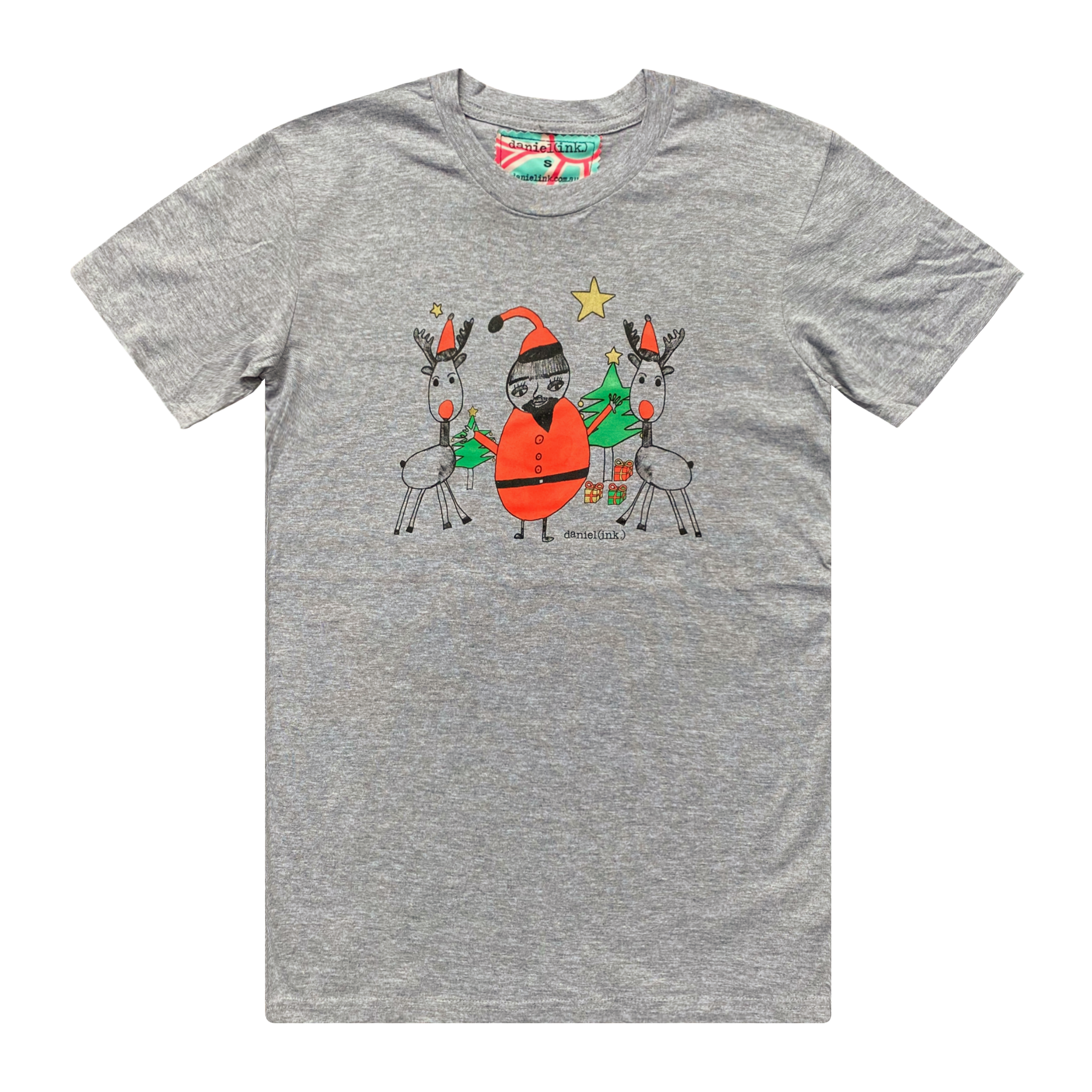 Men's grey t-shirt featuring a hand drawn sketch of Santa Claus standing with two reindeer in front of a Christmas tree. Santa Claus is wearing his signature red outfit and the two reindeer either side of him are in red pointy Santa hats. This t-shirt has a red, white, and blue fabric label on the back of the neck.