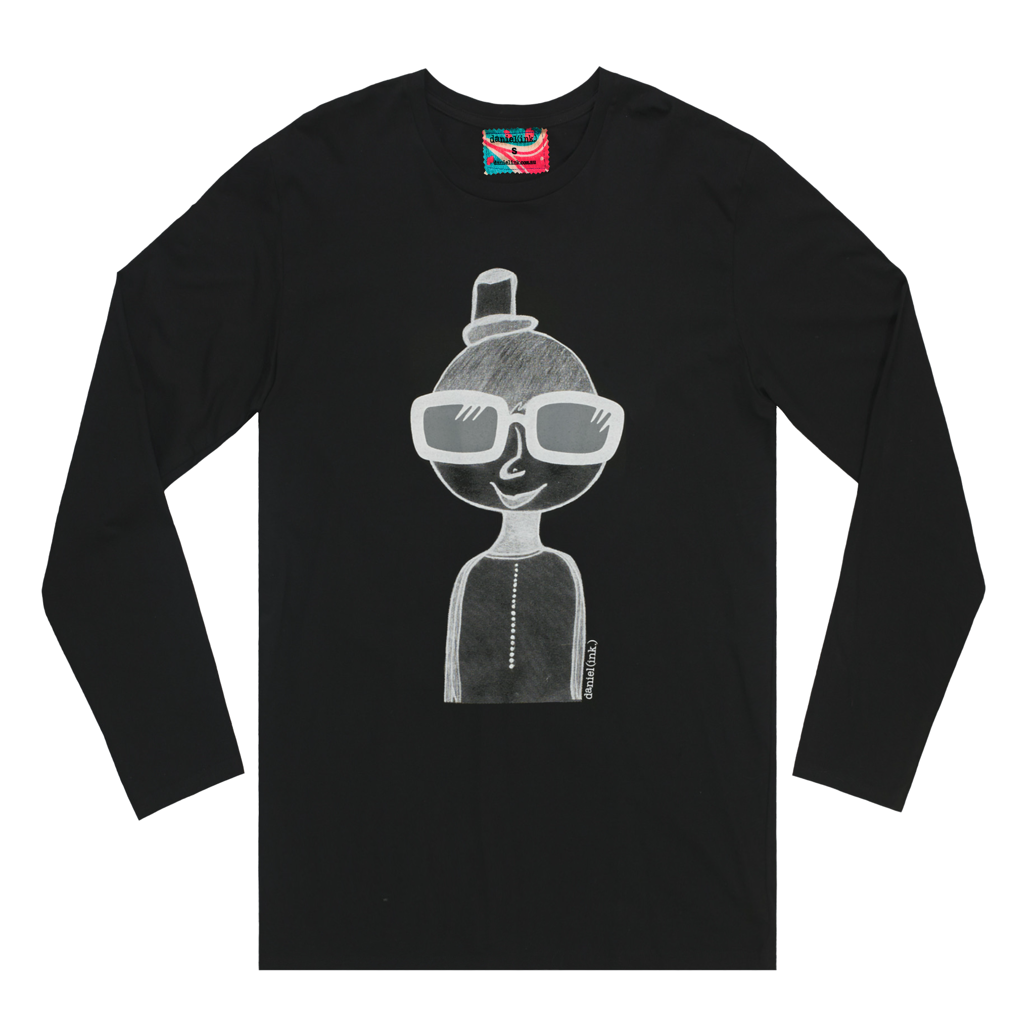 Men's black long sleeve shirt featuring a hand drawn sketch of a person in white. The person is wearing a small top hat and big sunglasses. This shirt has a red, white, and blue fabric label on the back of the neck.