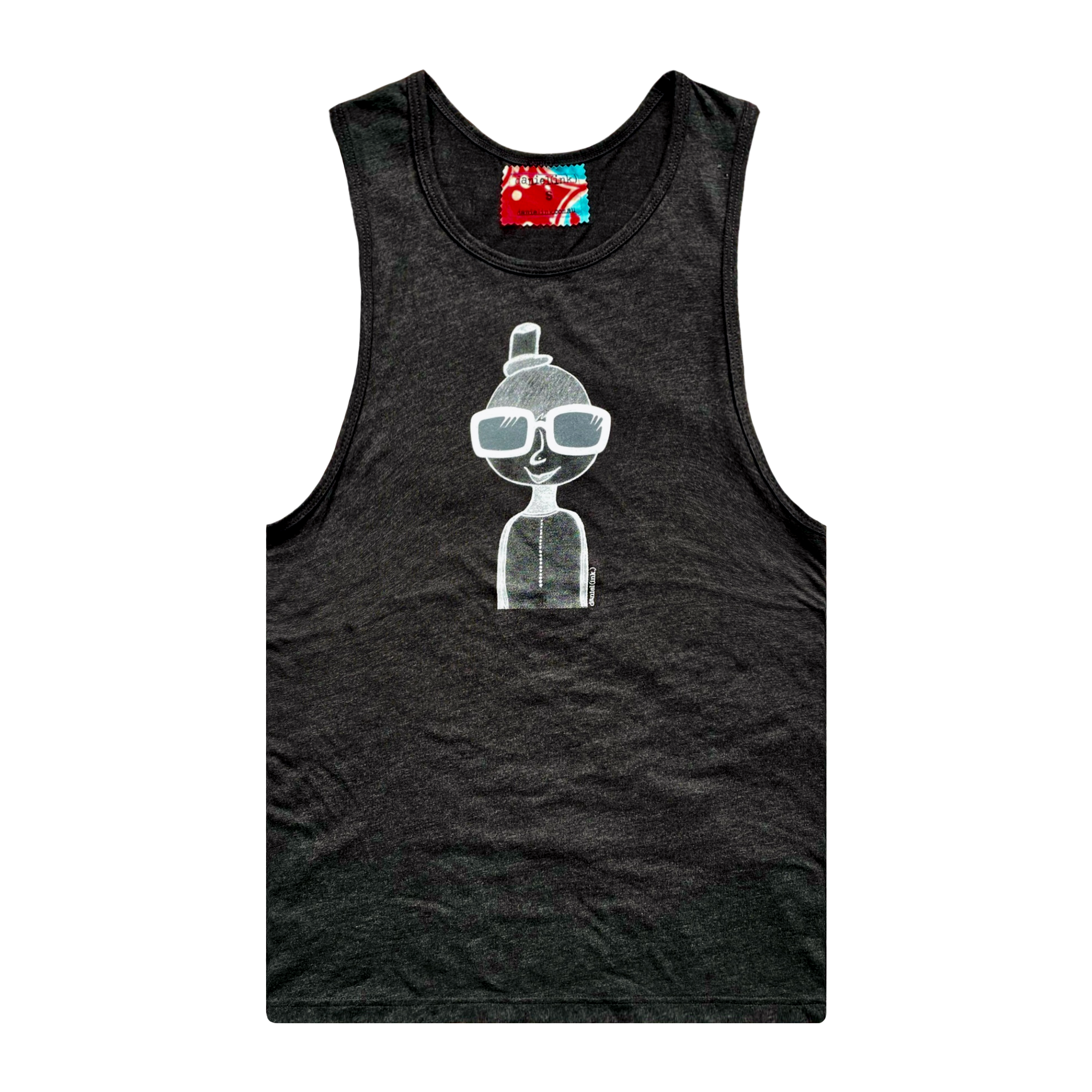 Men's coal colour tank top featuring a hand drawn sketch of a person in white. The person is wearing a small top hat and big sunglasses. This tank top has a red, white, and blue fabric label on the back of the neck.