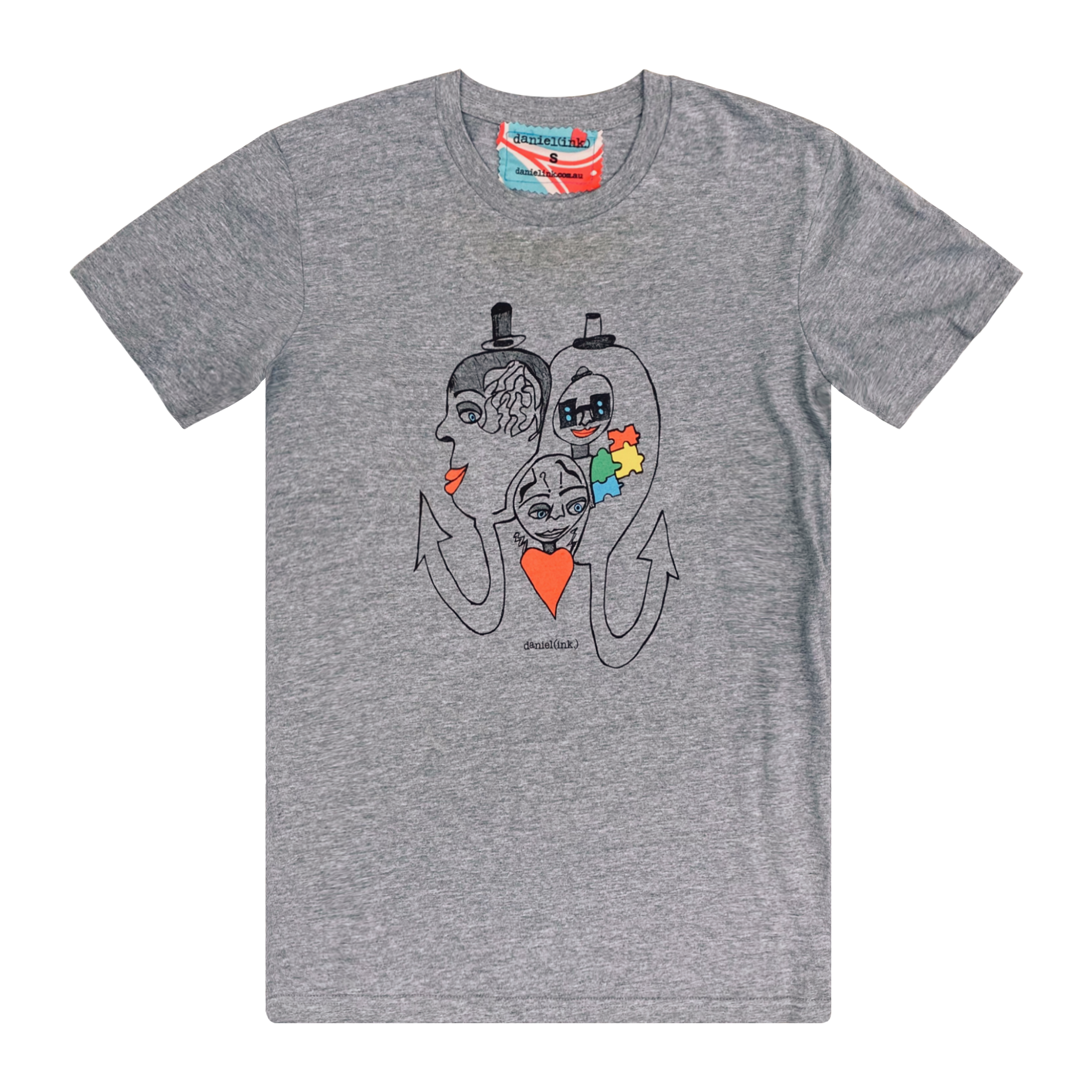 Men's grey t-shirt featuring a hand drawn abstract sketch of three faces. The three faces are surrounded by different symbols of disability: braille on glasses for blindness, jigsaw pieces for autism, question marks for mental illness, and upward arrows for making progress in treatment and care of disabled people. This t-shirt has a red, white, and blue fabric label on the back of the neck.