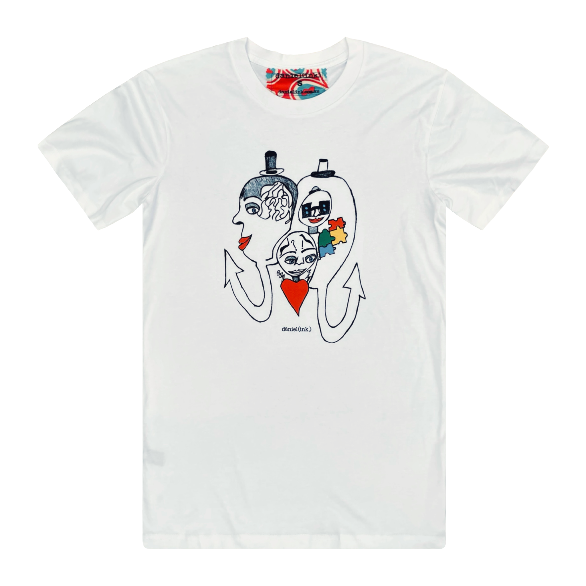 Men's white t-shirt featuring a hand drawn abstract sketch of three faces. The three faces are surrounded by different symbols of disability: braille on glasses for blindness, jigsaw pieces for autism, question marks for mental illness, and upward arrows for making progress in treatment and care of disabled people. This t-shirt has a red, white, and blue fabric label on the back of the neck.