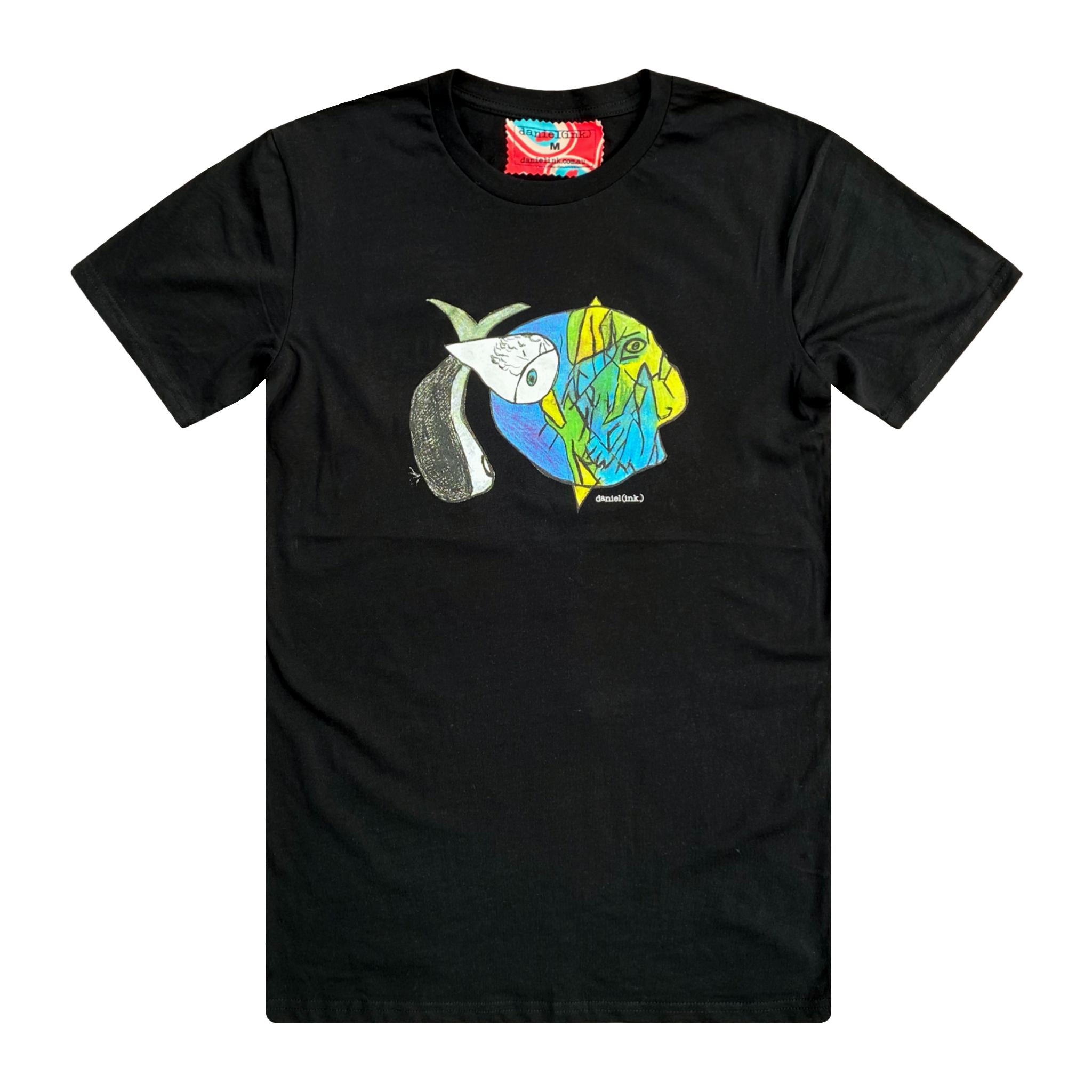 Men's black t-shirt featuring an abstract drawing of three fishes swimming together. The design features a large yellow, green, and blue fish on the right; a small grey fish in the middle; and another larger grey and white fish on the left. This t-shirt has a red, white, and blue fabric label on the back of the neck.