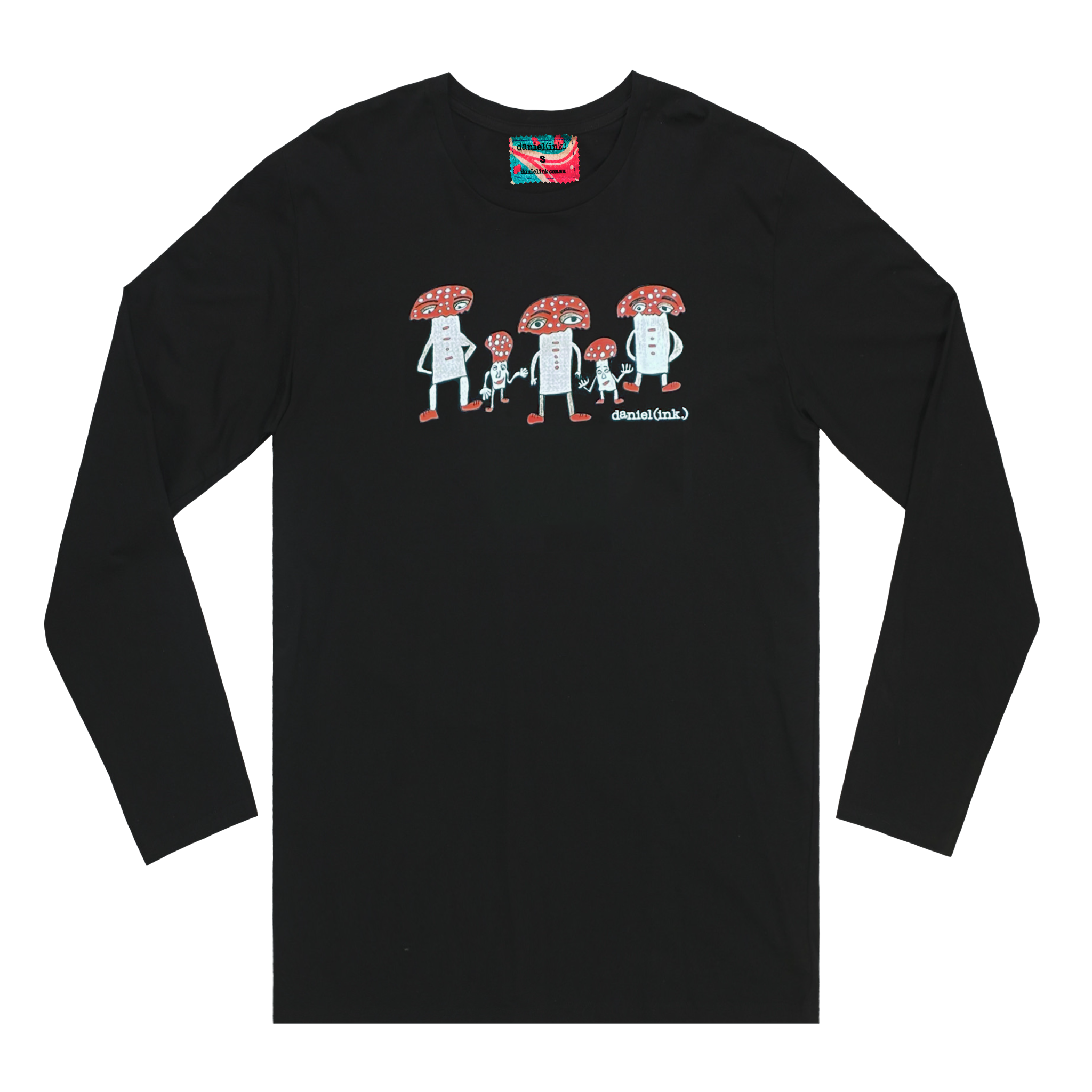 Men's black long sleeve shirt featuring a hand drawn image of five humanoid mushroom figures, three large and two small, standing next to each other. Each mushroom figure has a red mushroom cap, red shoes, and red accents. The three large mushrooms also have red buttons on their chests which spell "magic" in Morse code. This shirt has a red, white, and blue fabric label on the back of the neck.